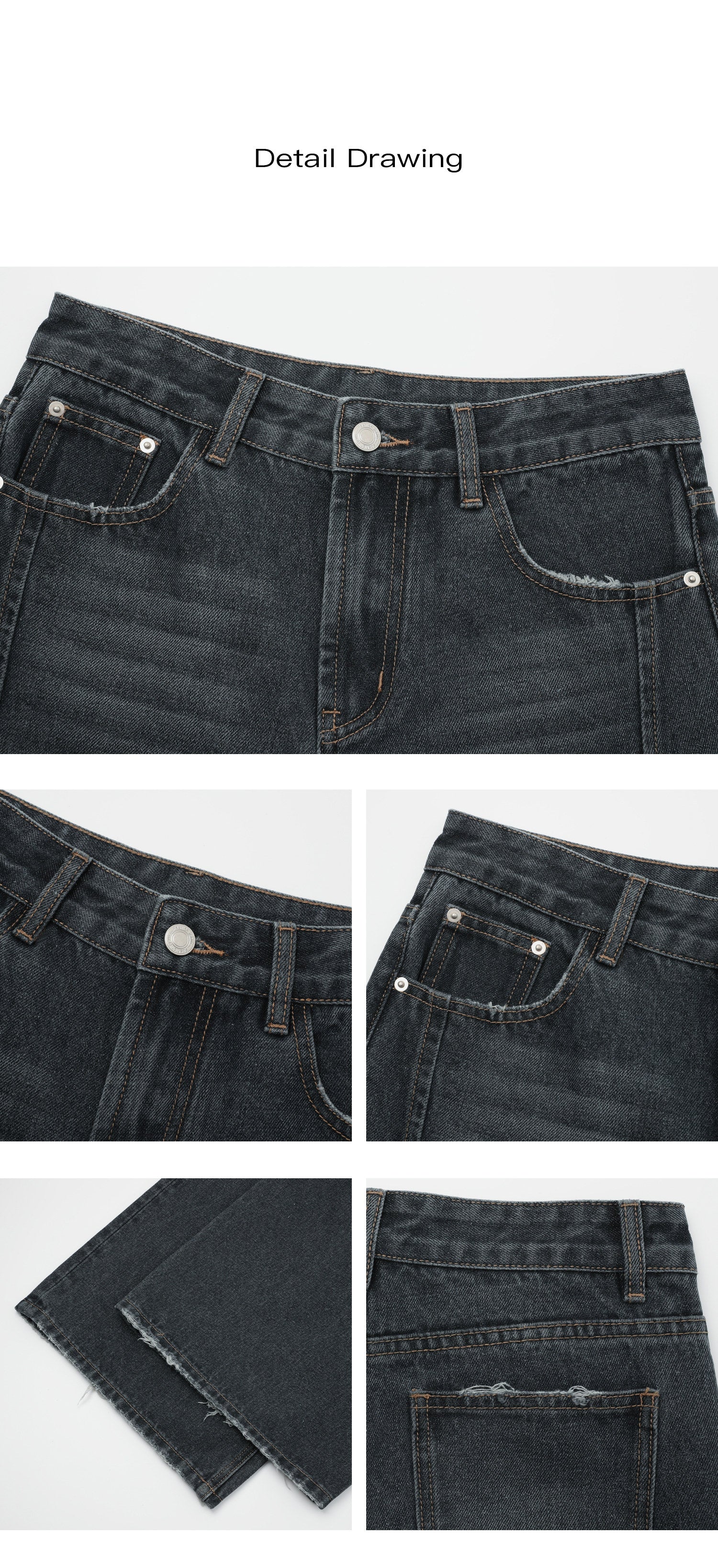 Product detail collage showing waistband, pockets, hem and denim texture