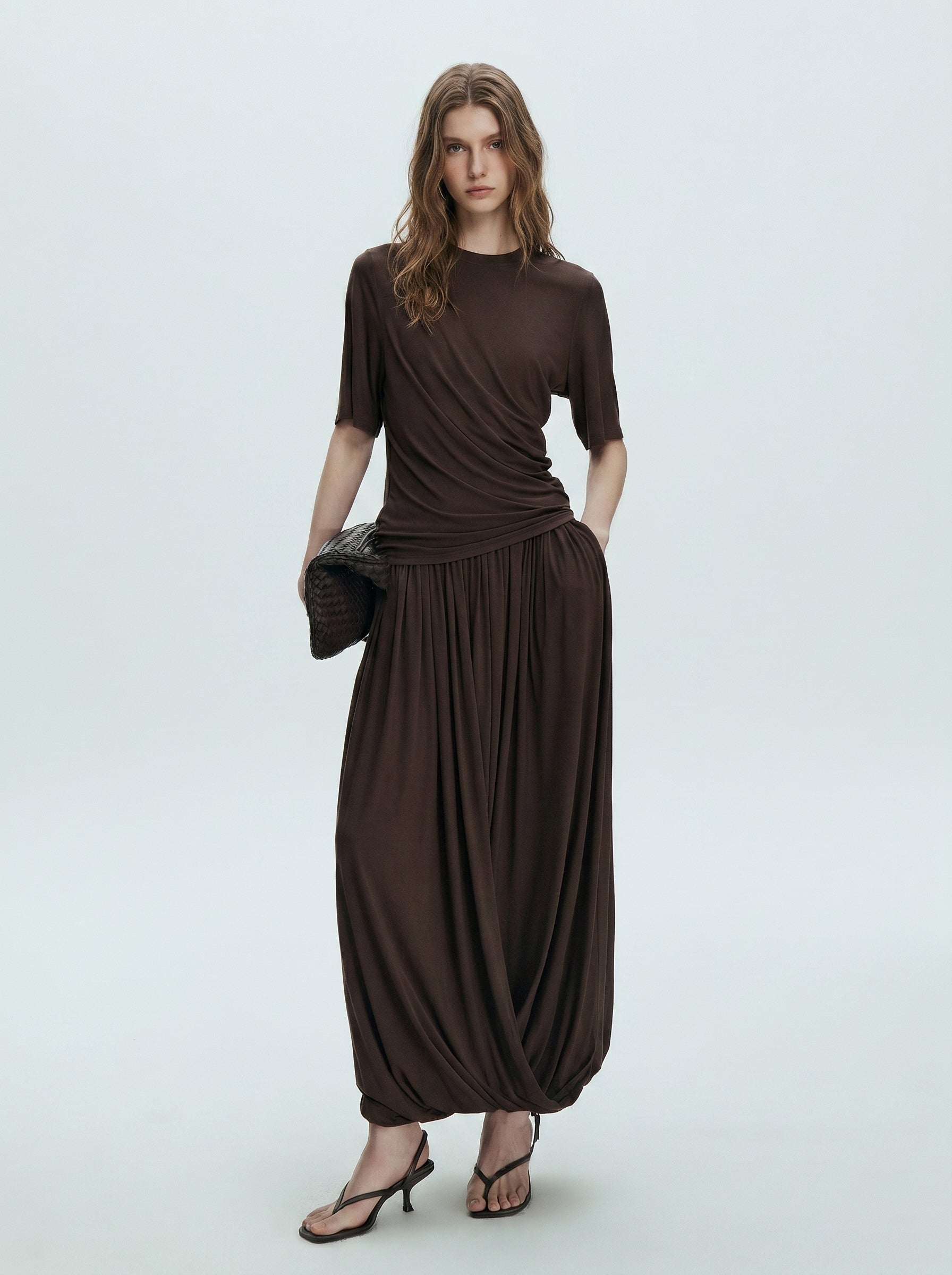 Brown Black Draped Elastic Waist Maxi Skirt