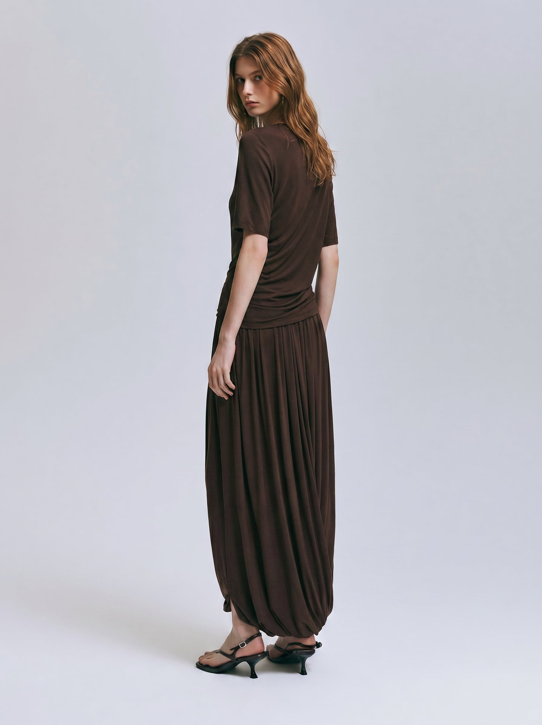 Brown Black Draped Elastic Waist Maxi Skirt