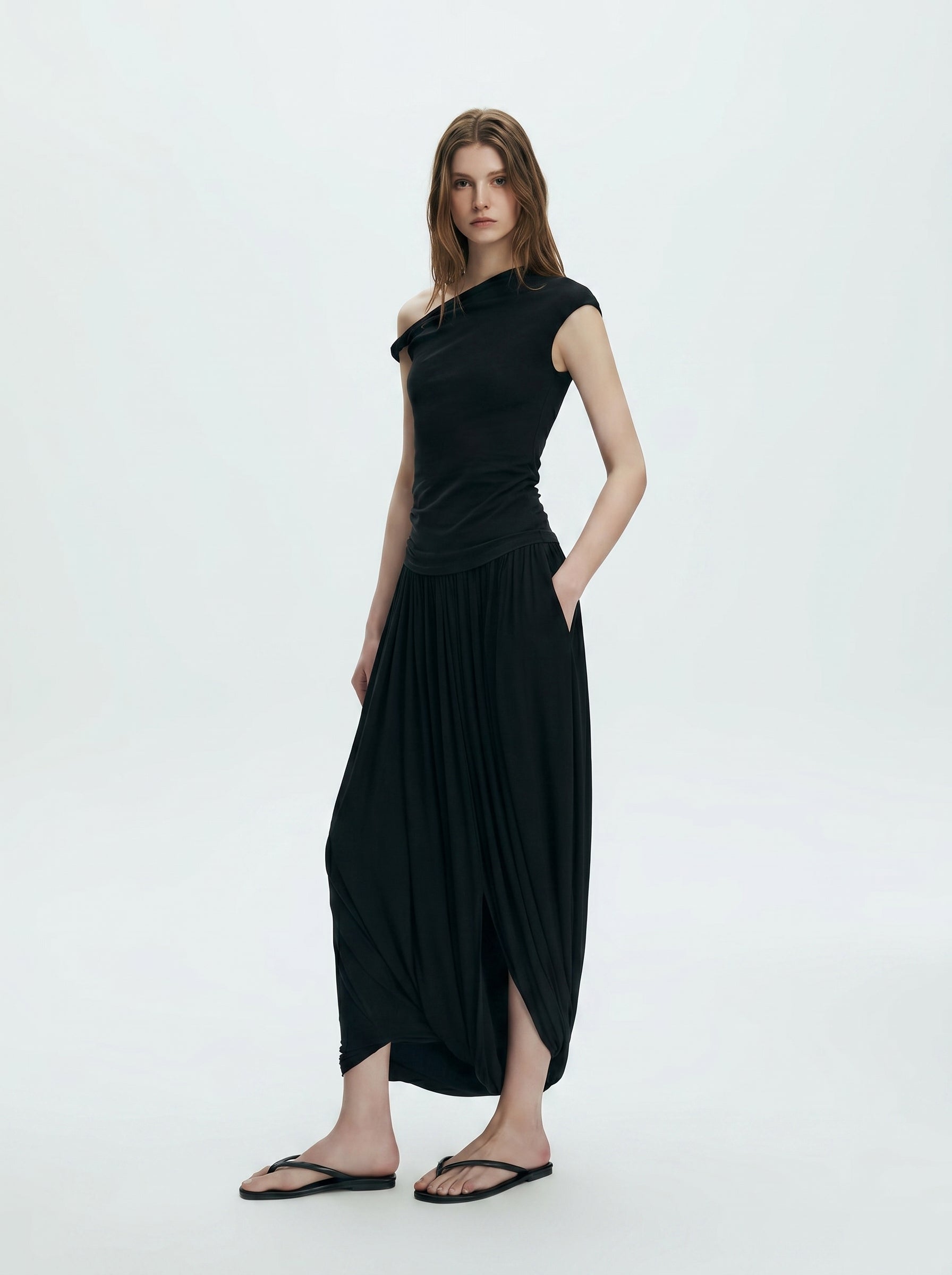 Brown Black Draped Elastic Waist Maxi Skirt