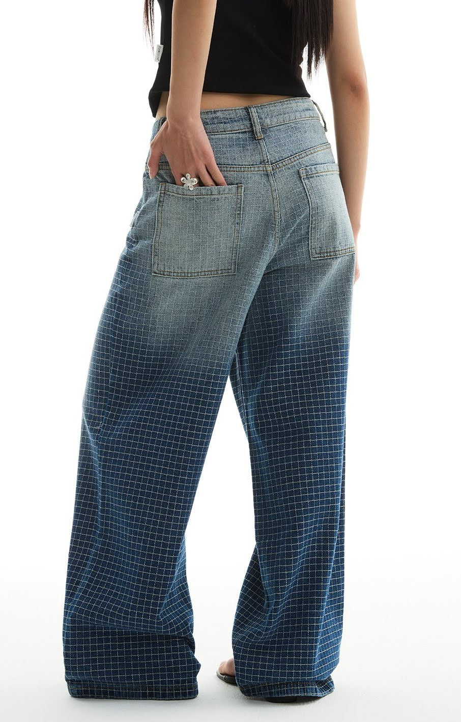 Back angle view of Gradient Blue Check Embroidered Wide-Leg Jeans