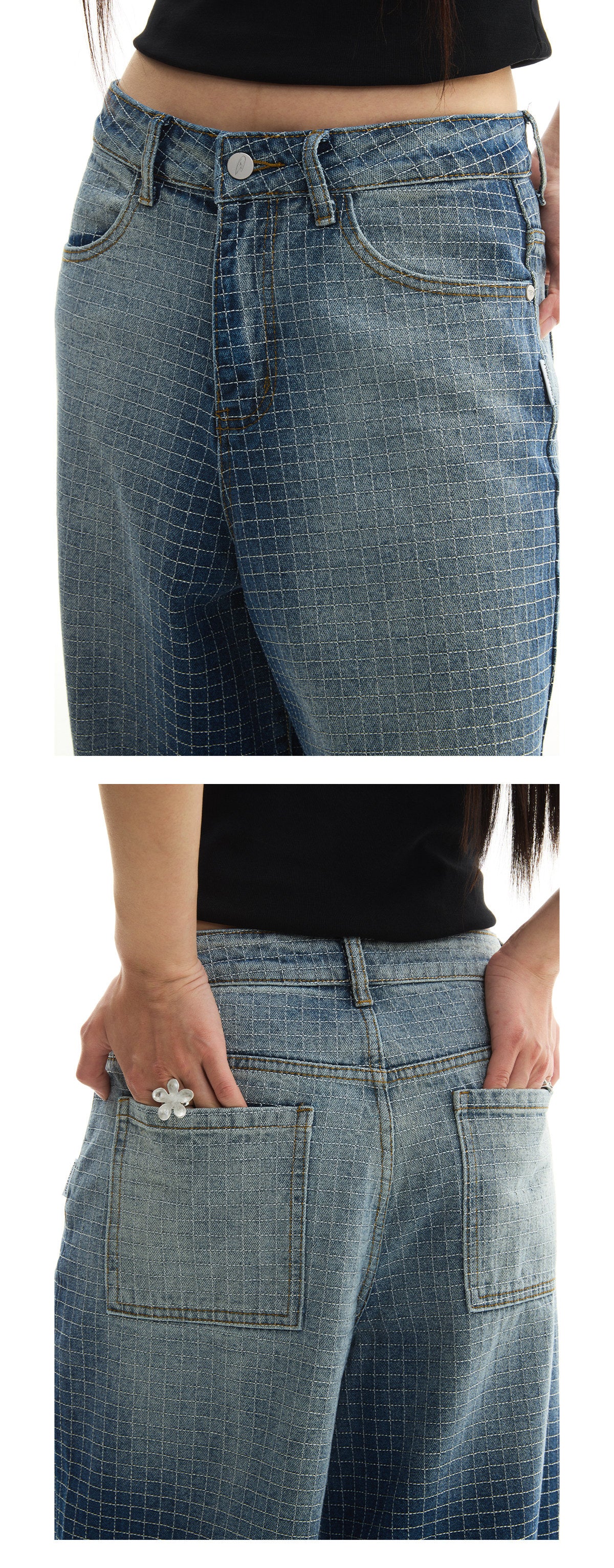 Detail view of Gradient Blue Check Embroidered Wide-Leg Jeans
