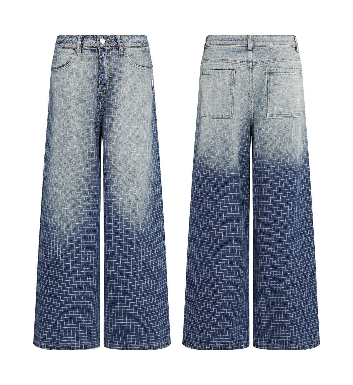 Flat lay front and back view of Gradient Blue Check Embroidered Wide-Leg Jeans