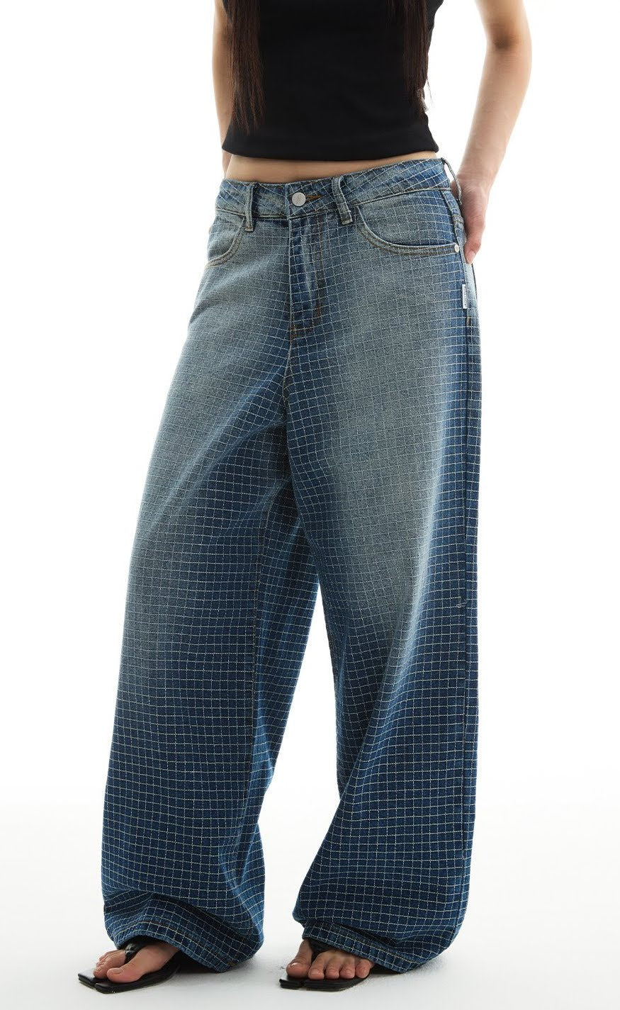 Front angle view of Gradient Blue Check Embroidered Wide-Leg Jeans