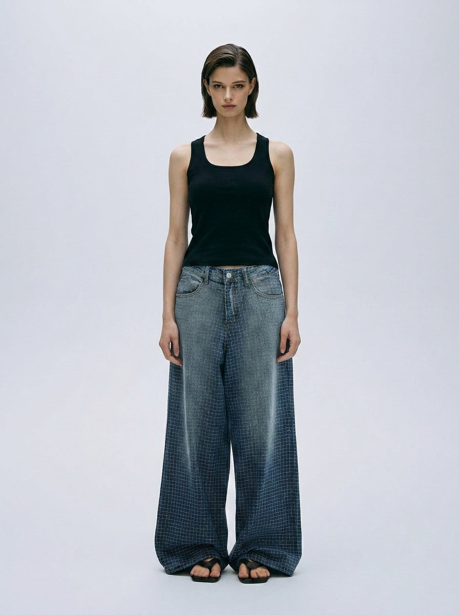 Gradient Blue Check Embroidered Wide-Leg Jeans front view on model