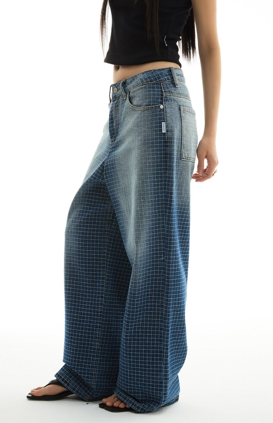 Side view of Gradient Blue Check Embroidered Wide-Leg Jeans