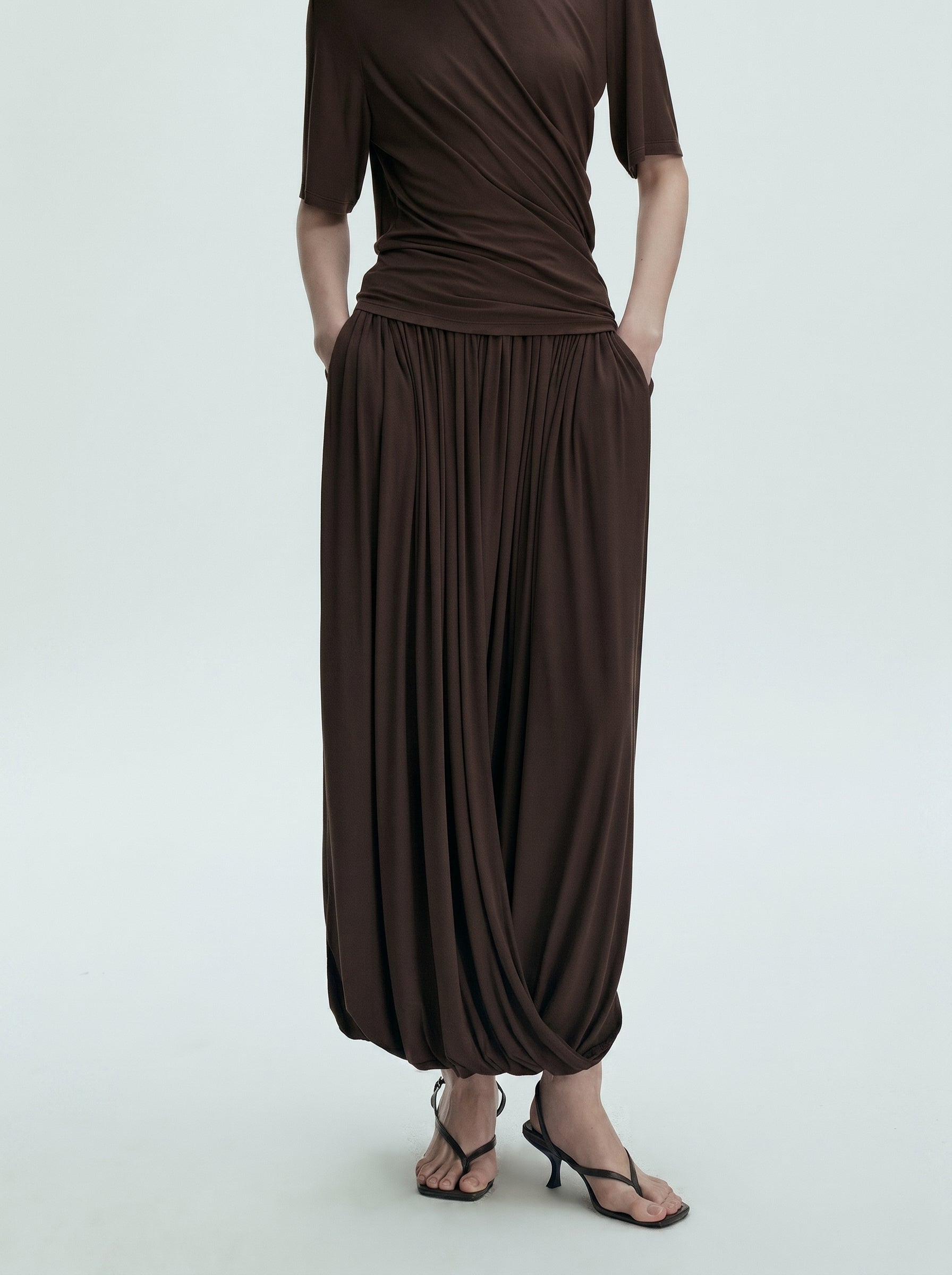 Brown Black Draped Elastic Waist Maxi Skirt