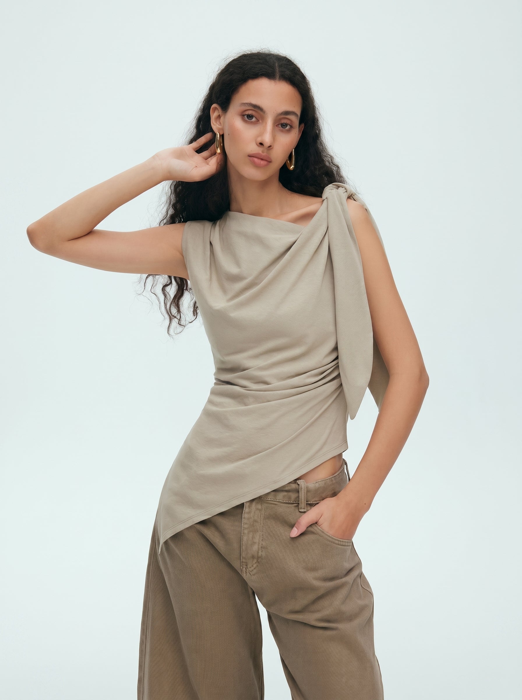 Asymmetric Tie Shoulder Slim Tank Top