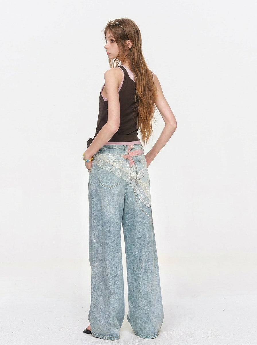 Back view of Light Blue Bow Print Wide Leg Jeans