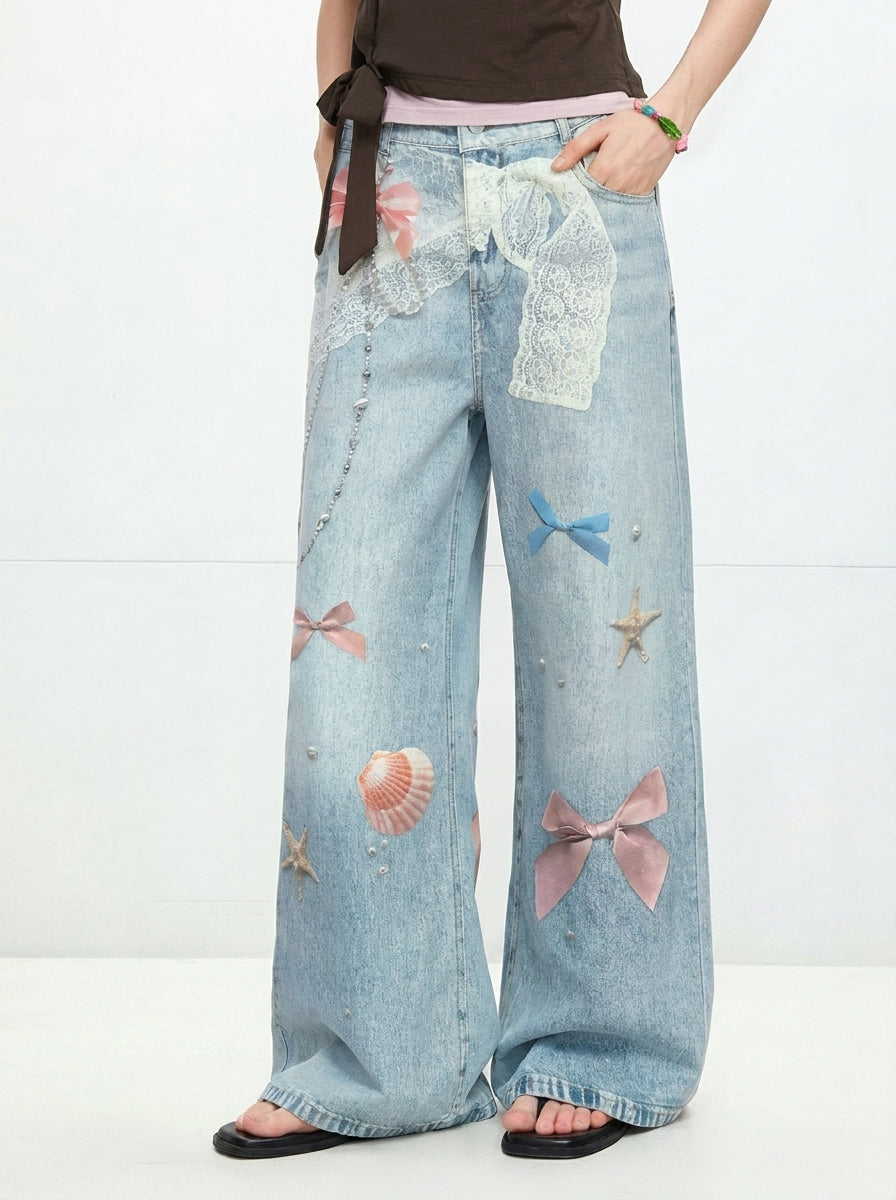 Front detail of Light Blue Bow Print Wide Leg Jeans