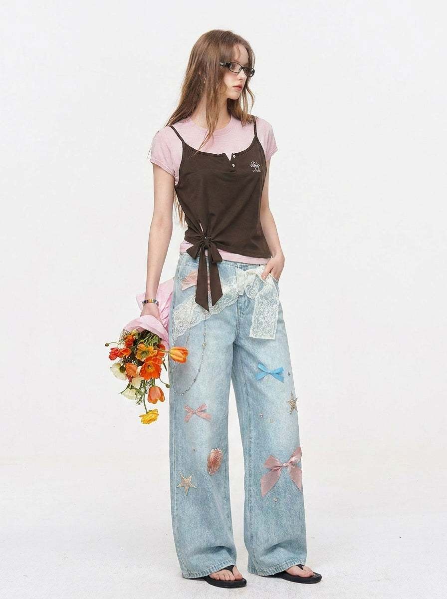 Full body look of Light Blue Bow Print Wide Leg Jeans