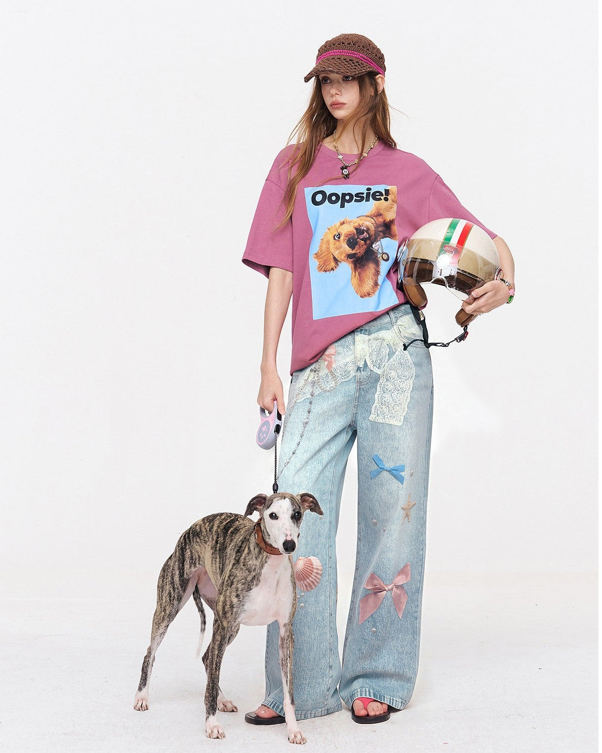 Light Blue Bow Print Wide Leg Jeans styled with pink graphic tee