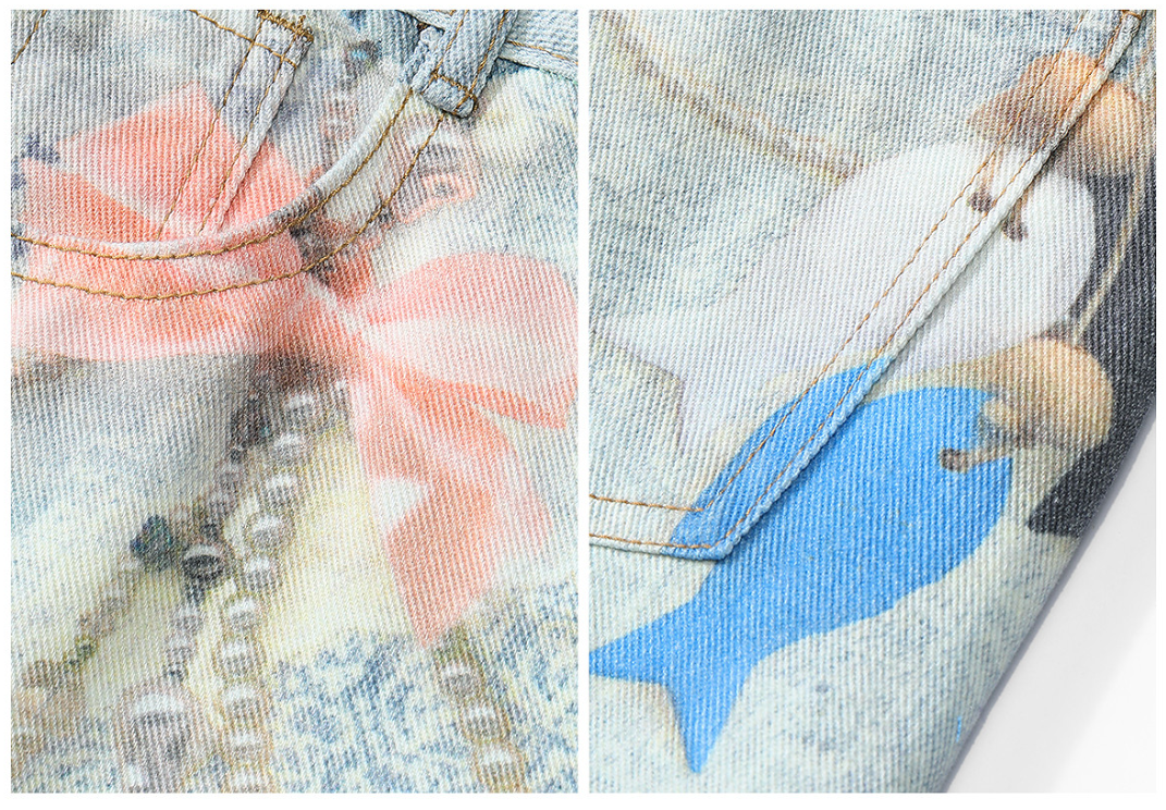 Product detail collage showing bow print, denim texture and stitching of Light Blue Bow Print Wide Leg Jeans