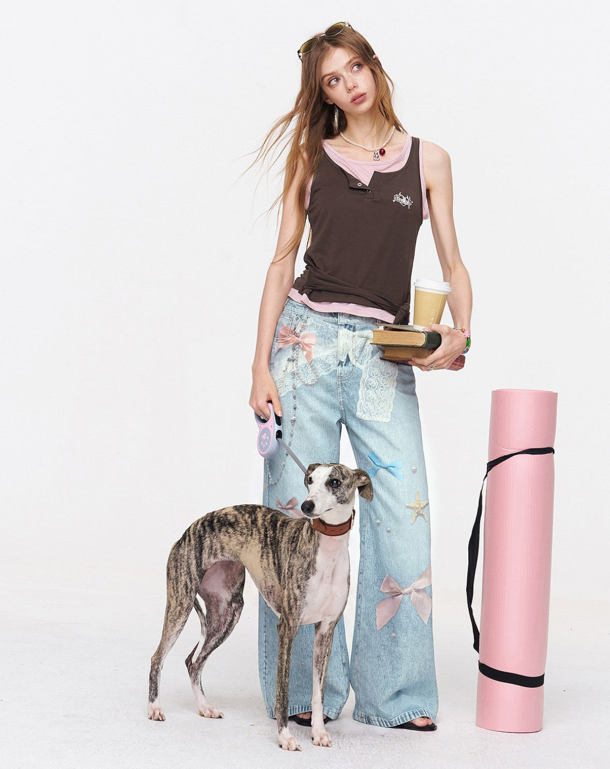 Light Blue Bow Print Wide Leg Jeans styled with fitted brown tank top