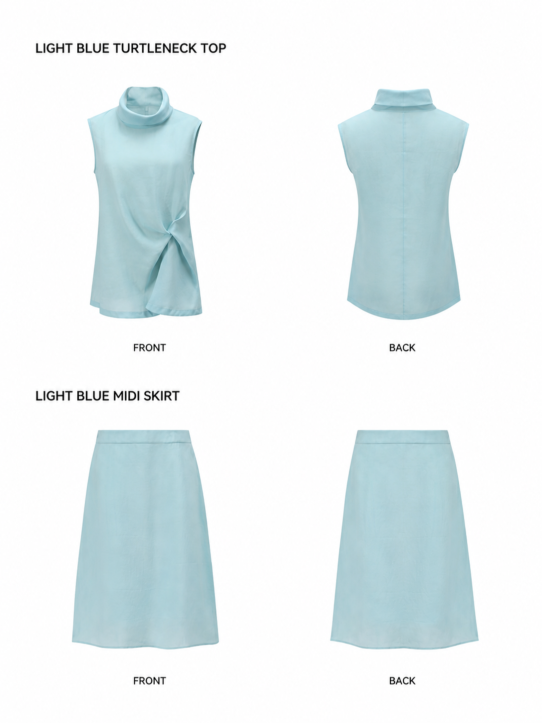 Flat display of light blue sleeveless turtleneck top and midi skirt showing front and back views