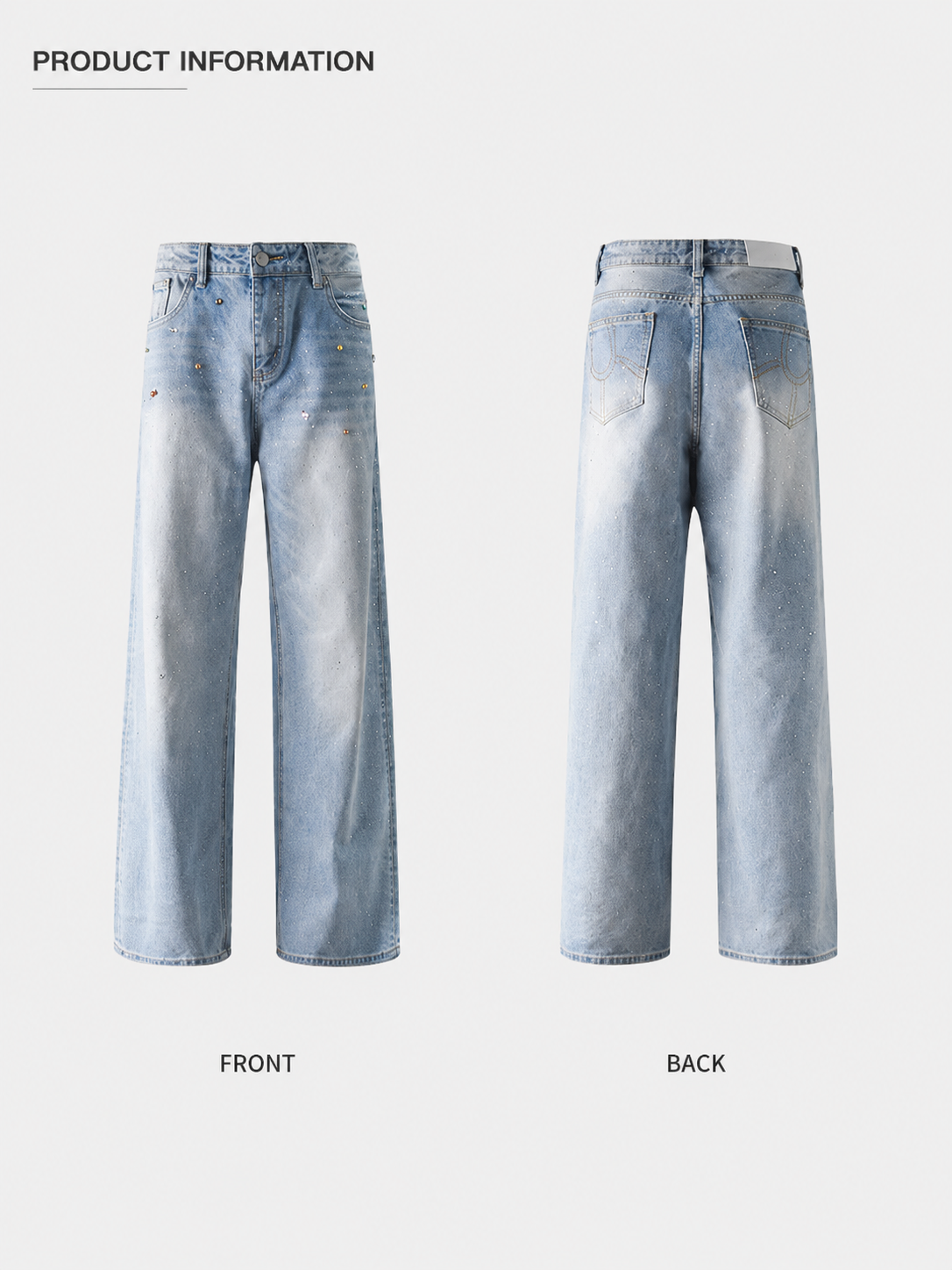 Front and back flat display of light blue wide-leg jeans showing the complete design