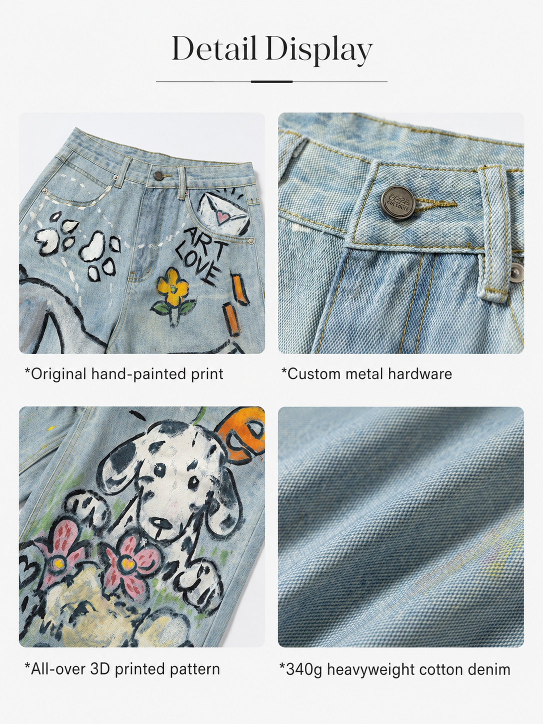 Detail display of Light Wash Cat & Dog Doodle Straight-Leg Jeans