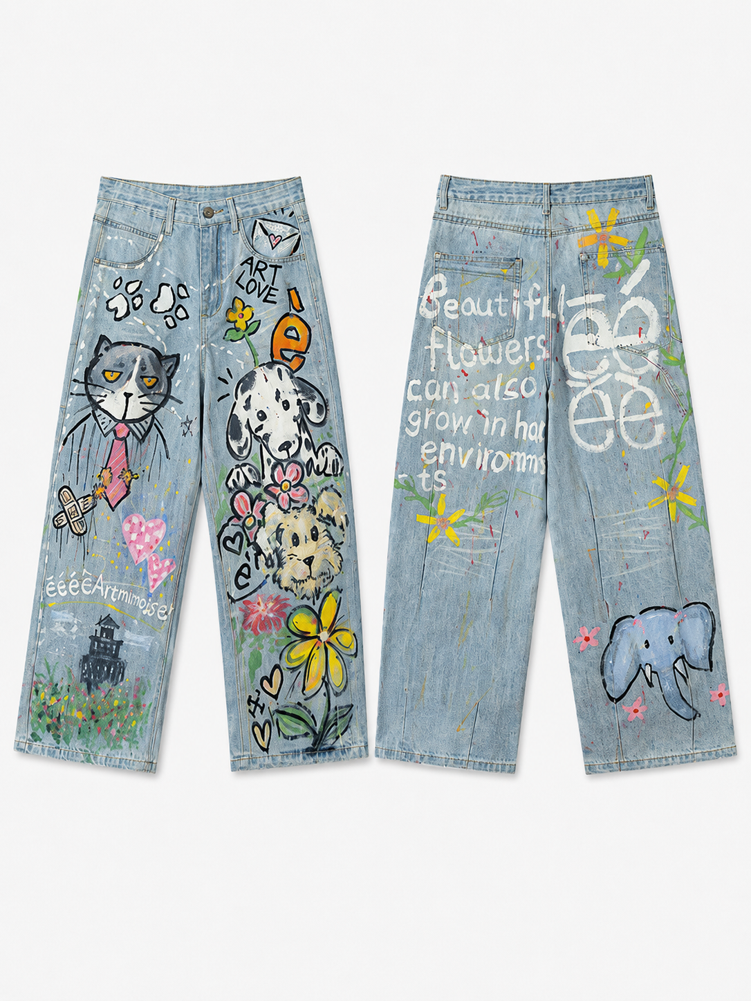 Flat lay front and back view of Light Wash Cat & Dog Doodle Straight-Leg Jeans