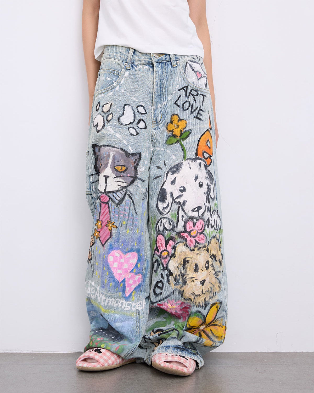 Front detail of Light Wash Cat & Dog Doodle Straight-Leg Jeans