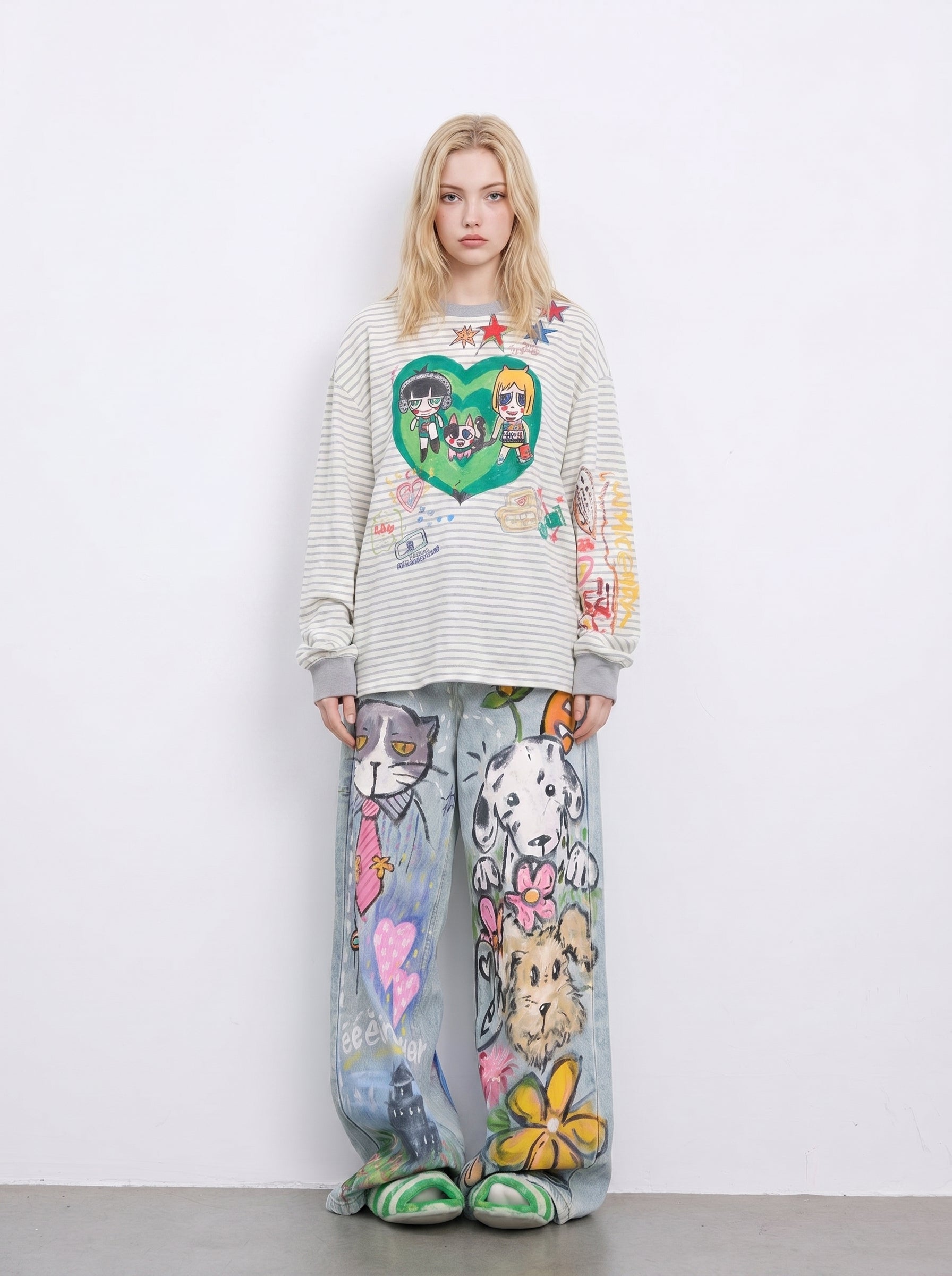 Light Wash Cat & Dog Doodle Straight-Leg Jeans front full view on model