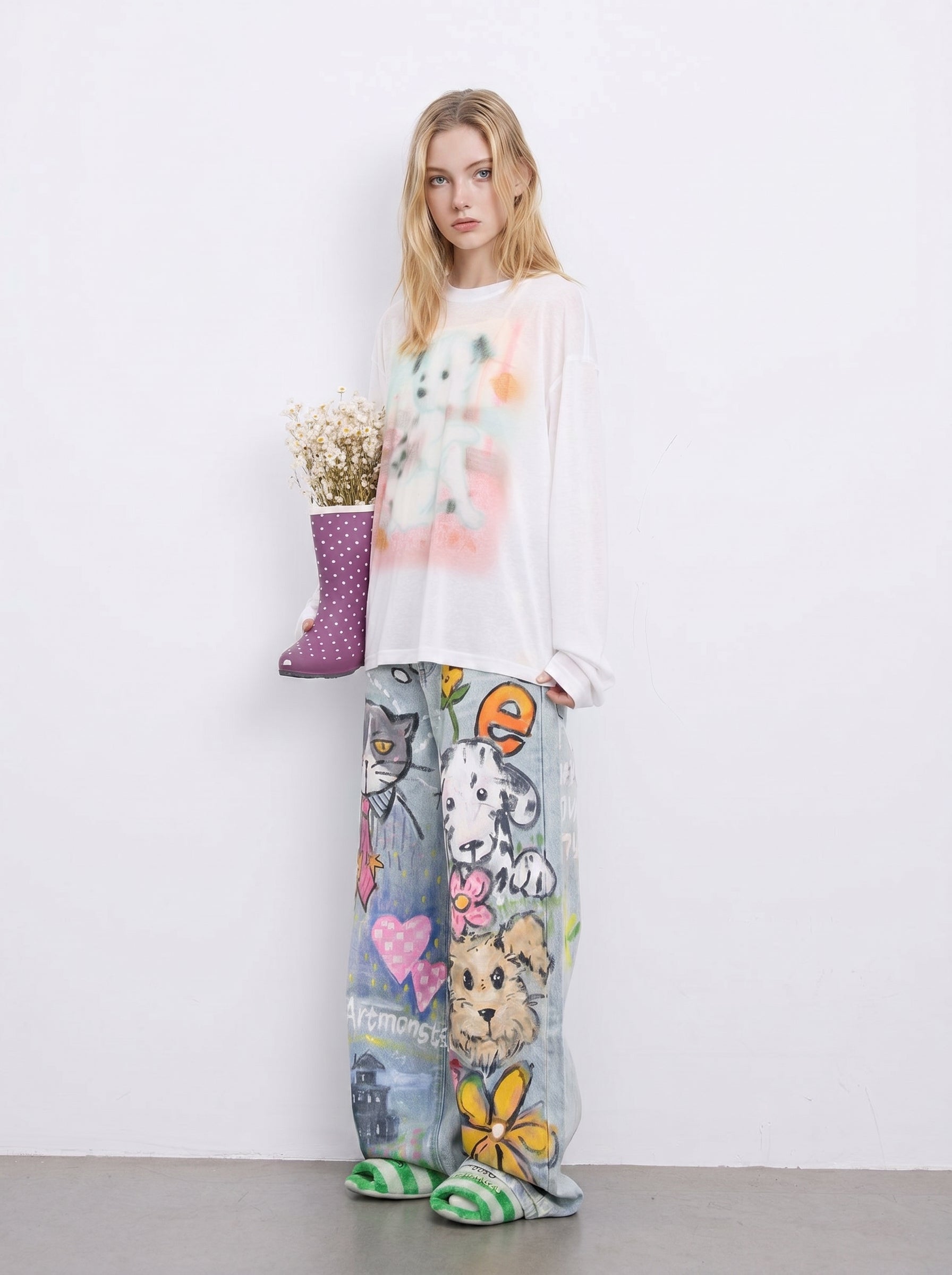 Light Wash Cat & Dog Doodle Straight-Leg Jeans styled full look on model