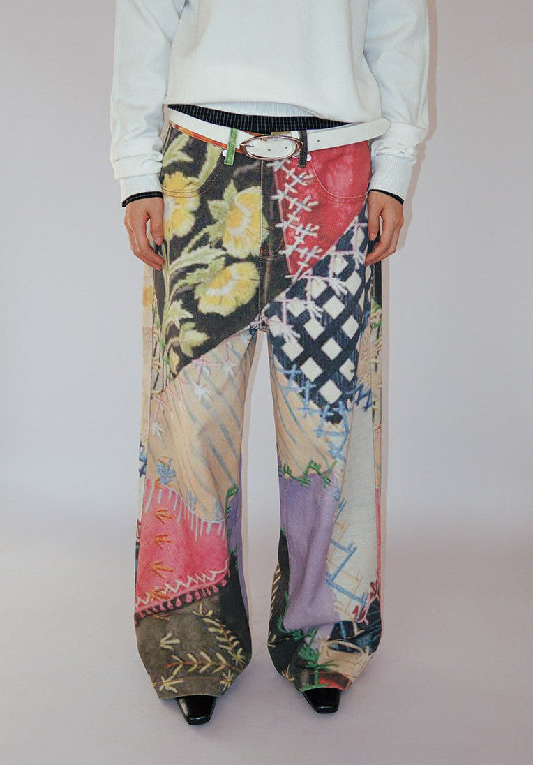 Multi Patchwork Print Wide-Leg Cotton Pants front and back flat lay