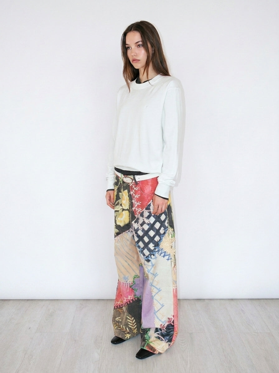 Multi Patchwork Print Wide-Leg Cotton Pants front angled view