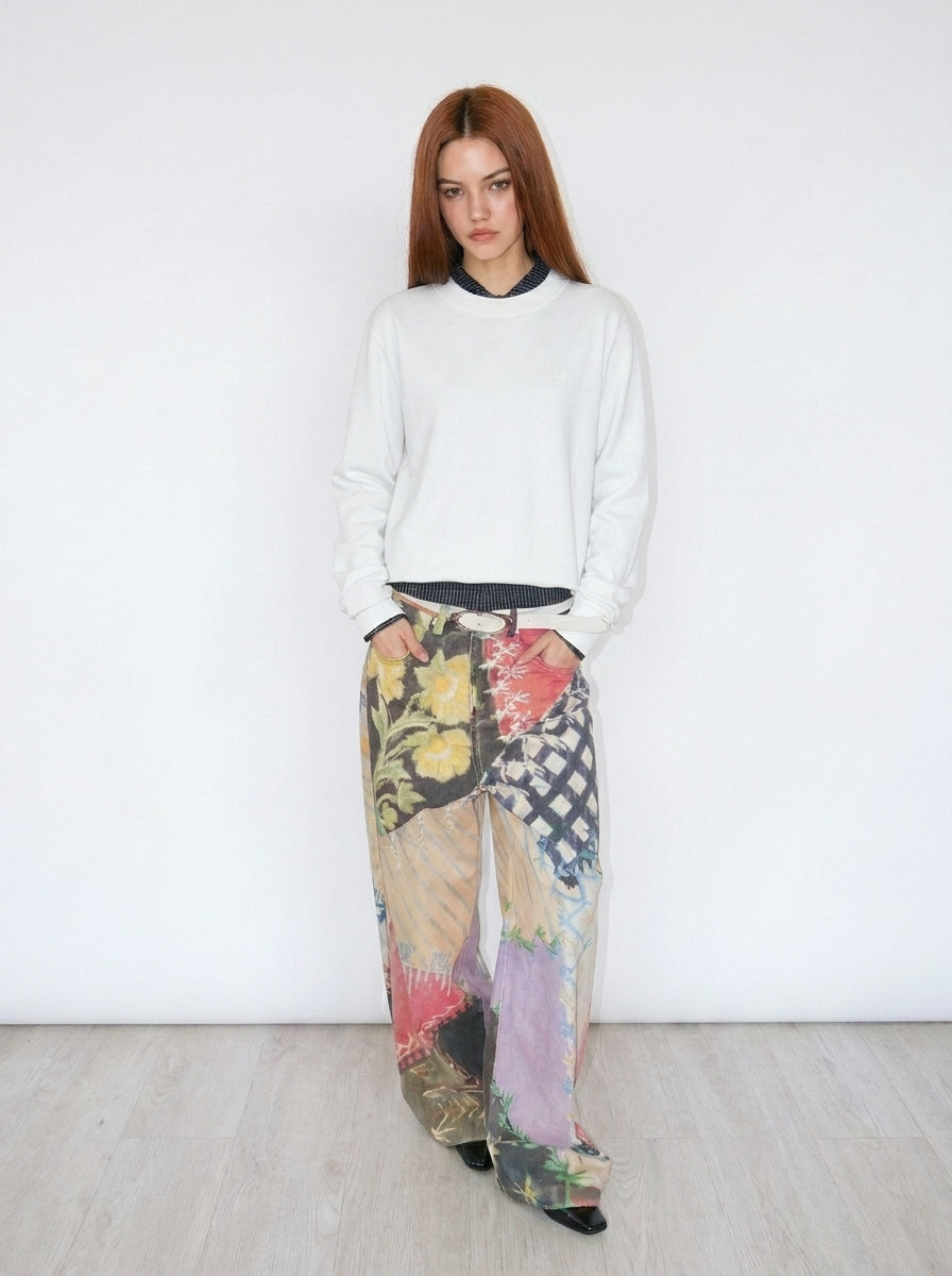 Multi Patchwork Print Wide-Leg Cotton Pants full body look