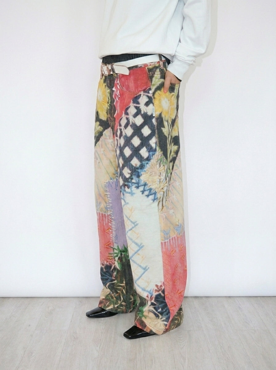 Multi Patchwork Print Wide-Leg Cotton Pants leg detail