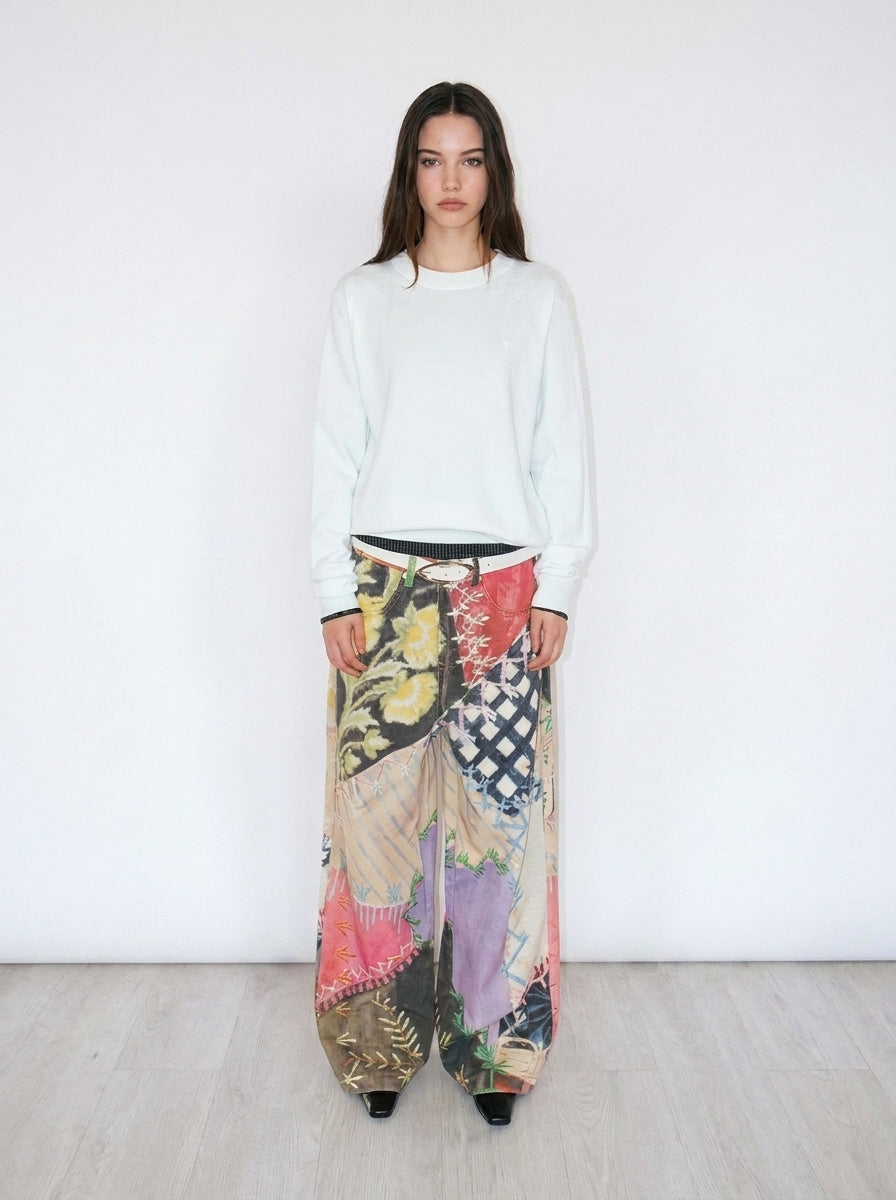 Multi Patchwork Print Wide-Leg Cotton Pants front full look