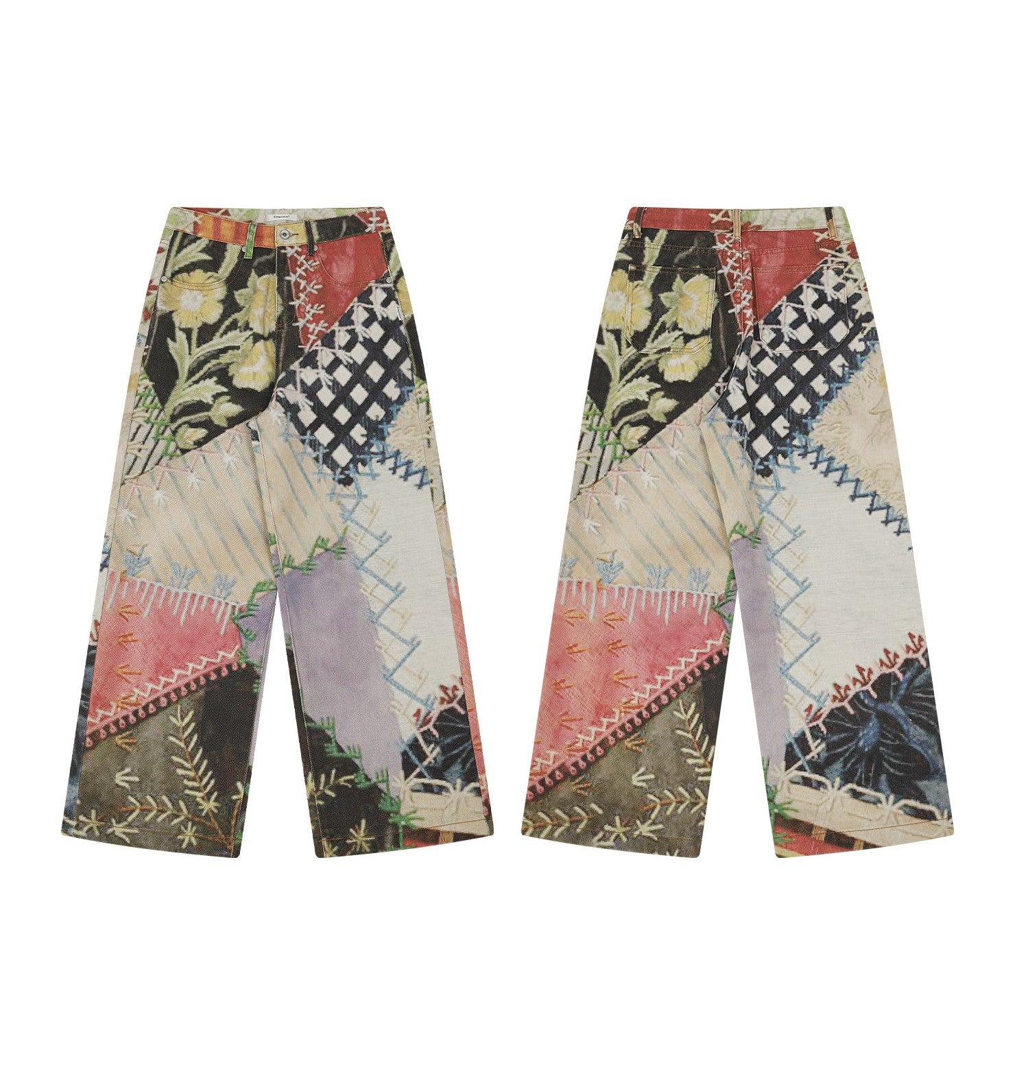 Multi Patchwork Print Wide-Leg Cotton Pants product detail collage showing patchwork print, fabric texture and stitching