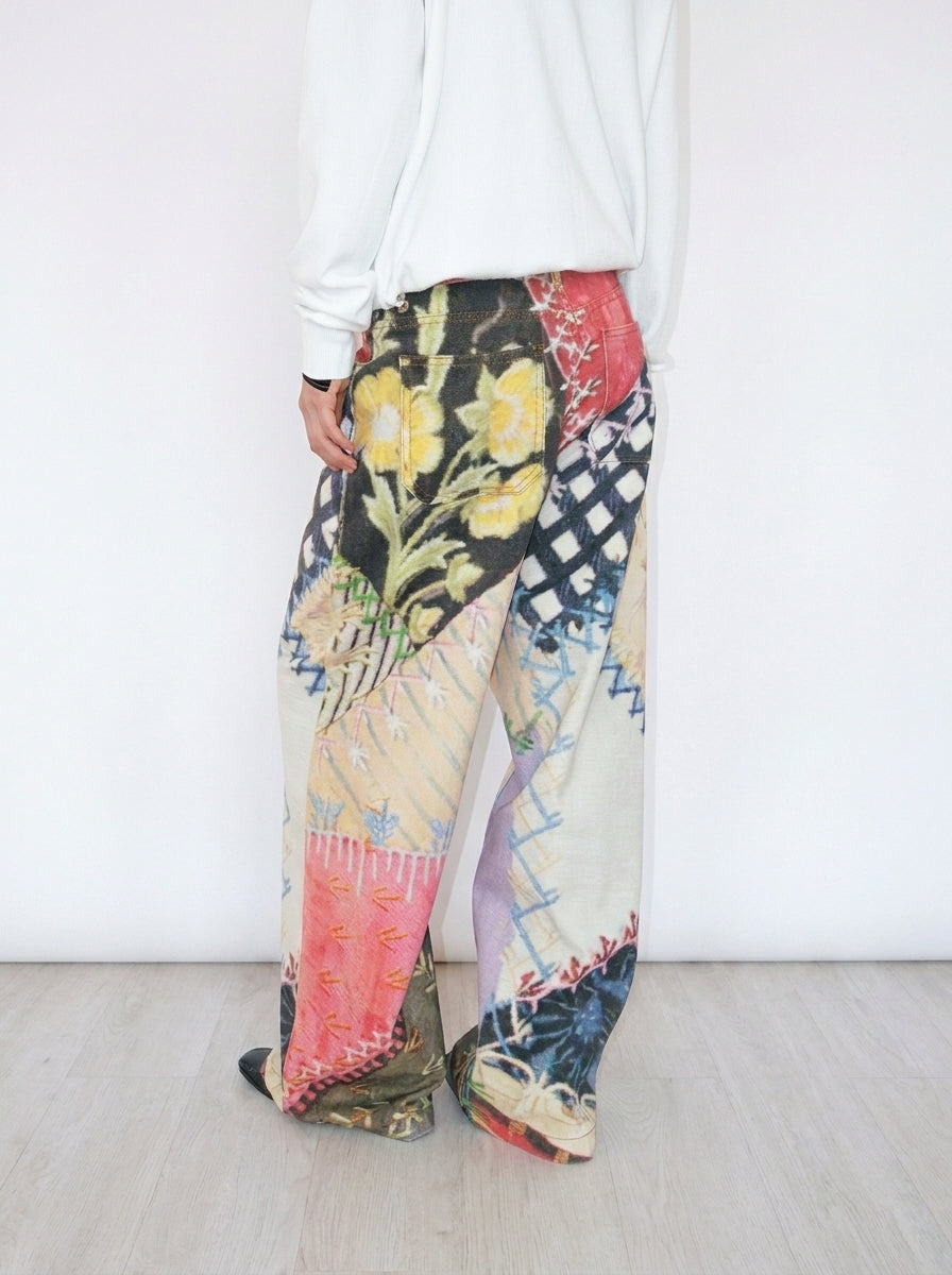 Multi Patchwork Print Wide-Leg Cotton Pants side detail view