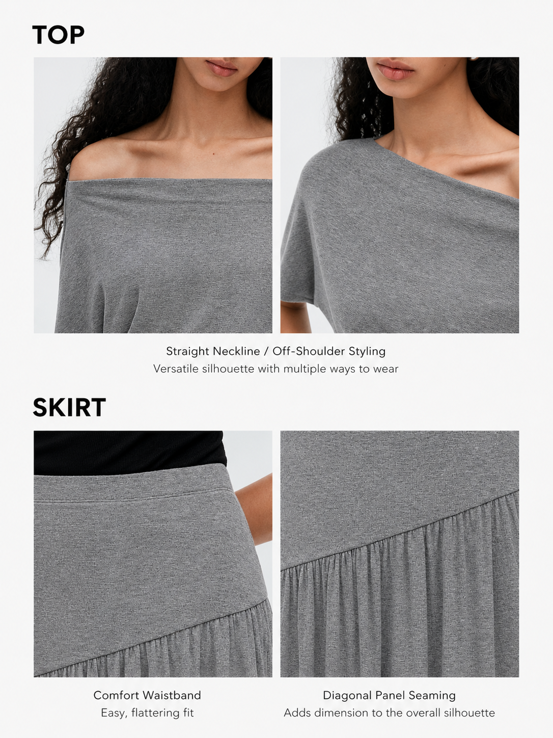 Detail display of off shoulder draped top and maxi skirt set showing neckline, waistband, fabric texture, and diagonal skirt seam