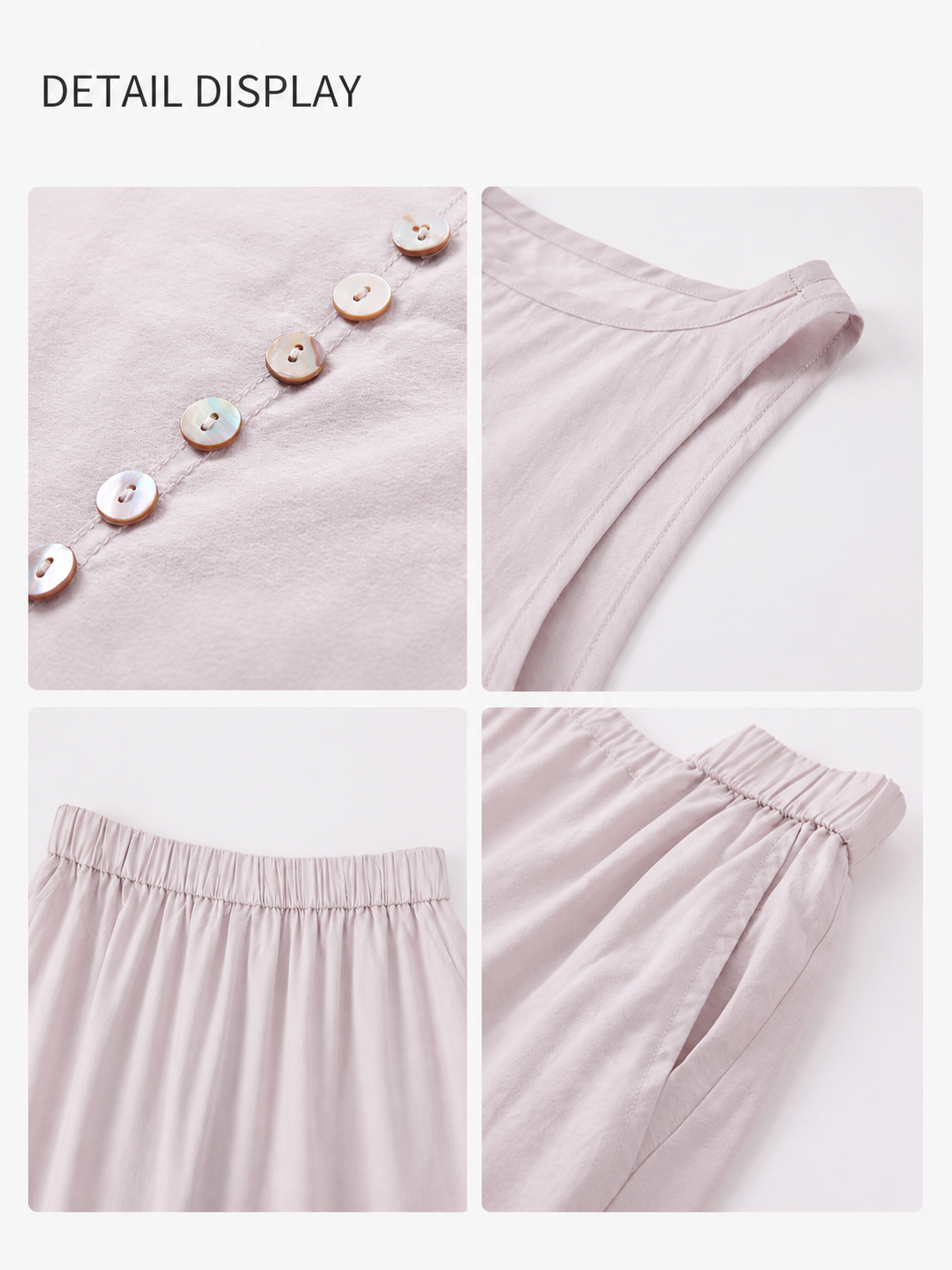 Detail display of pale pink tank and skirt set showing pearl buttons, clean seams, elastic waistband, and gathered fabric
