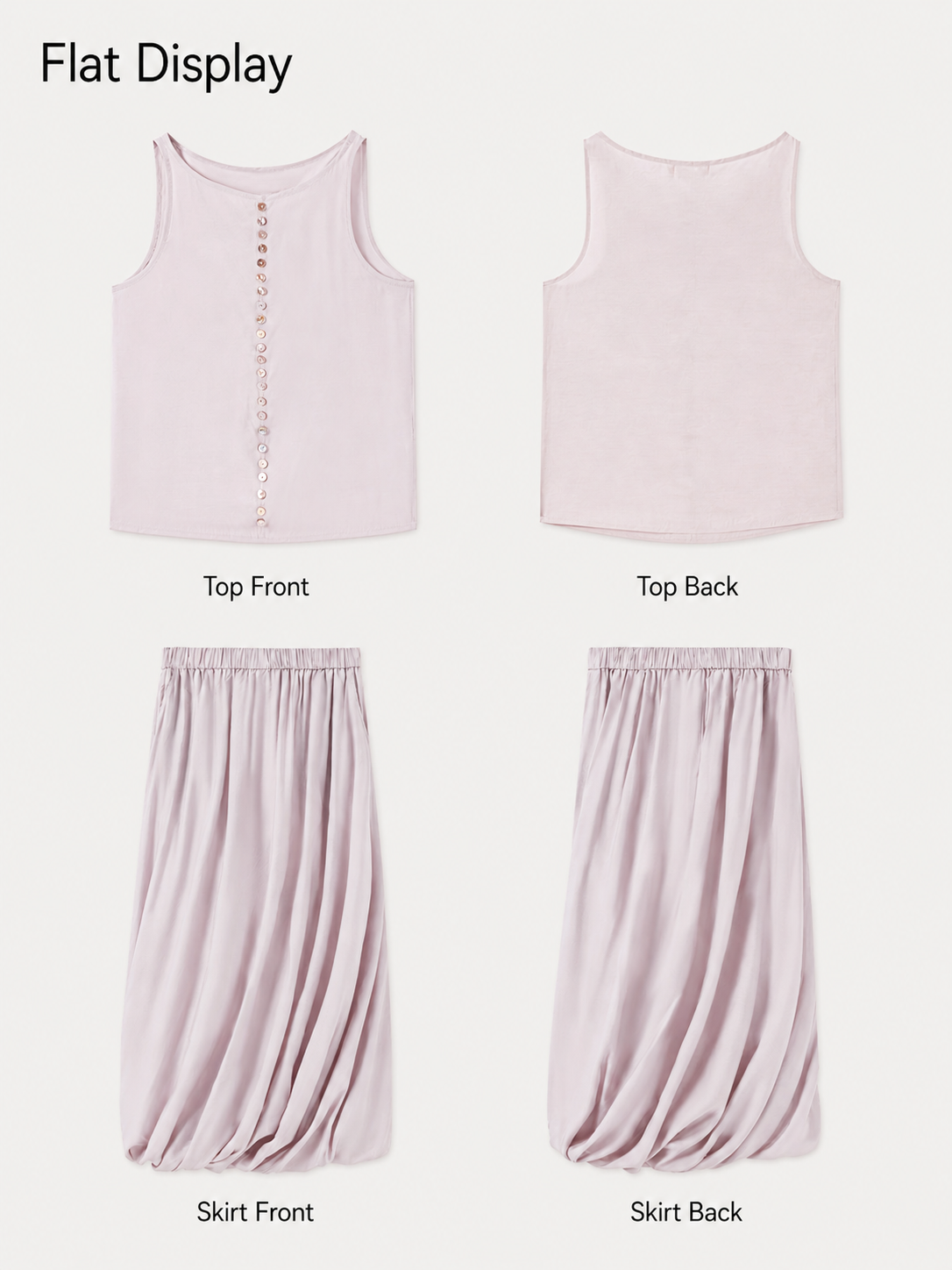 Flat display of pale pink button-front sleeveless tank and matching draped skirt with front and back views