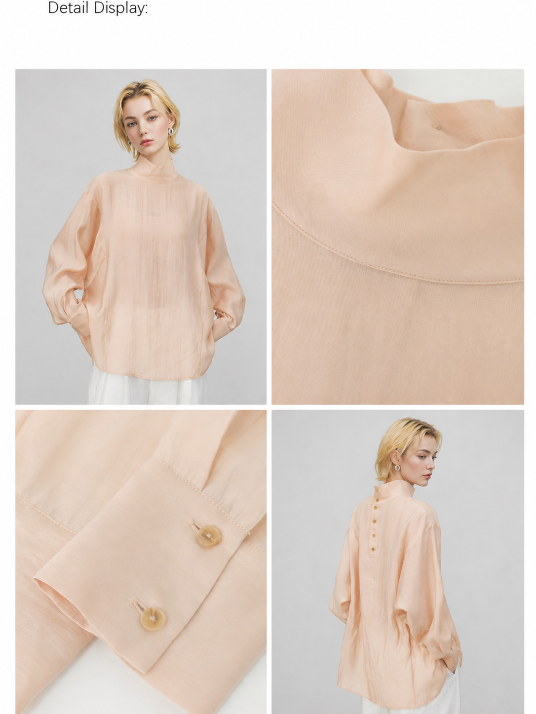 Detail display of peach sheer blouse showing neckline seam, cuff buttons, back buttons, and lightweight textured fabric