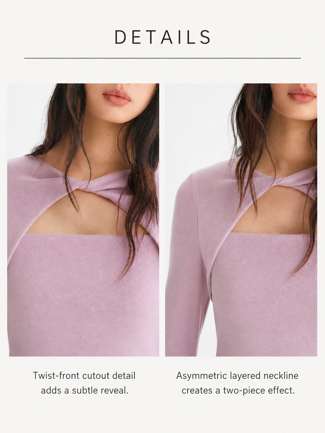 Detail display of pink asymmetric cutout long sleeve top showing the twist front cutout and layered neckline