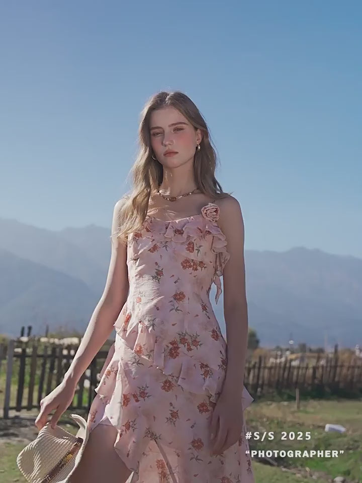 Floral Ruffle Asymmetrical Hem Slip Dress