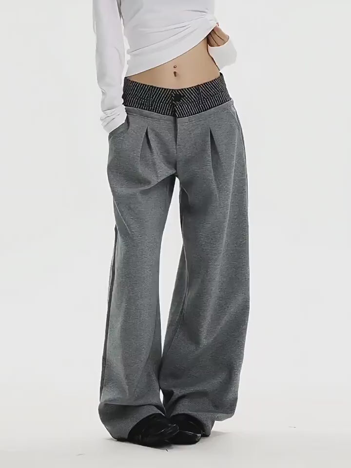 Heather Grey Contrast Waist Wide-Leg Trousers