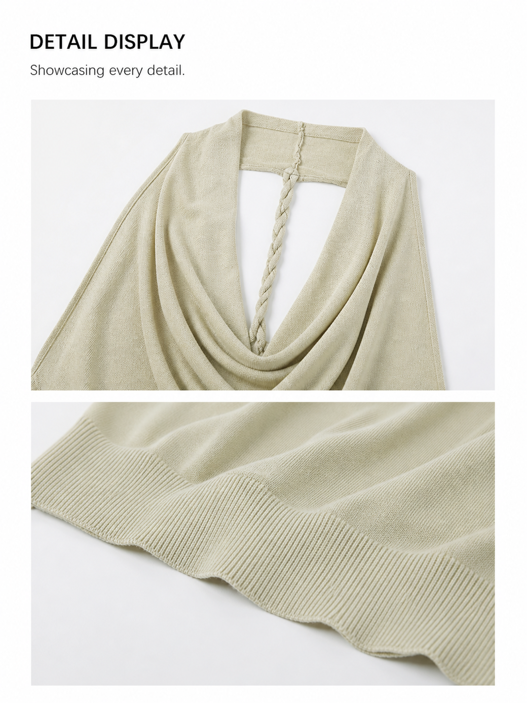 Detail display of sage draped halter knit top showing cowl neckline, braided strap, ribbed hem, and soft knit texture