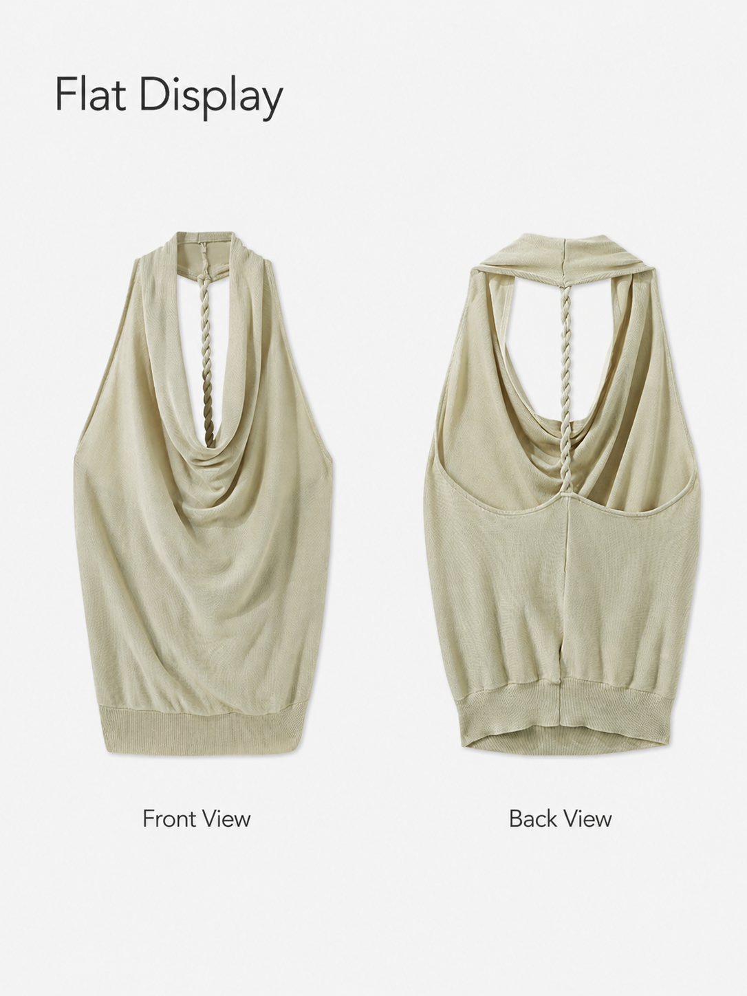 Flat display of sage draped halter knit top showing front and back views with braided back strap