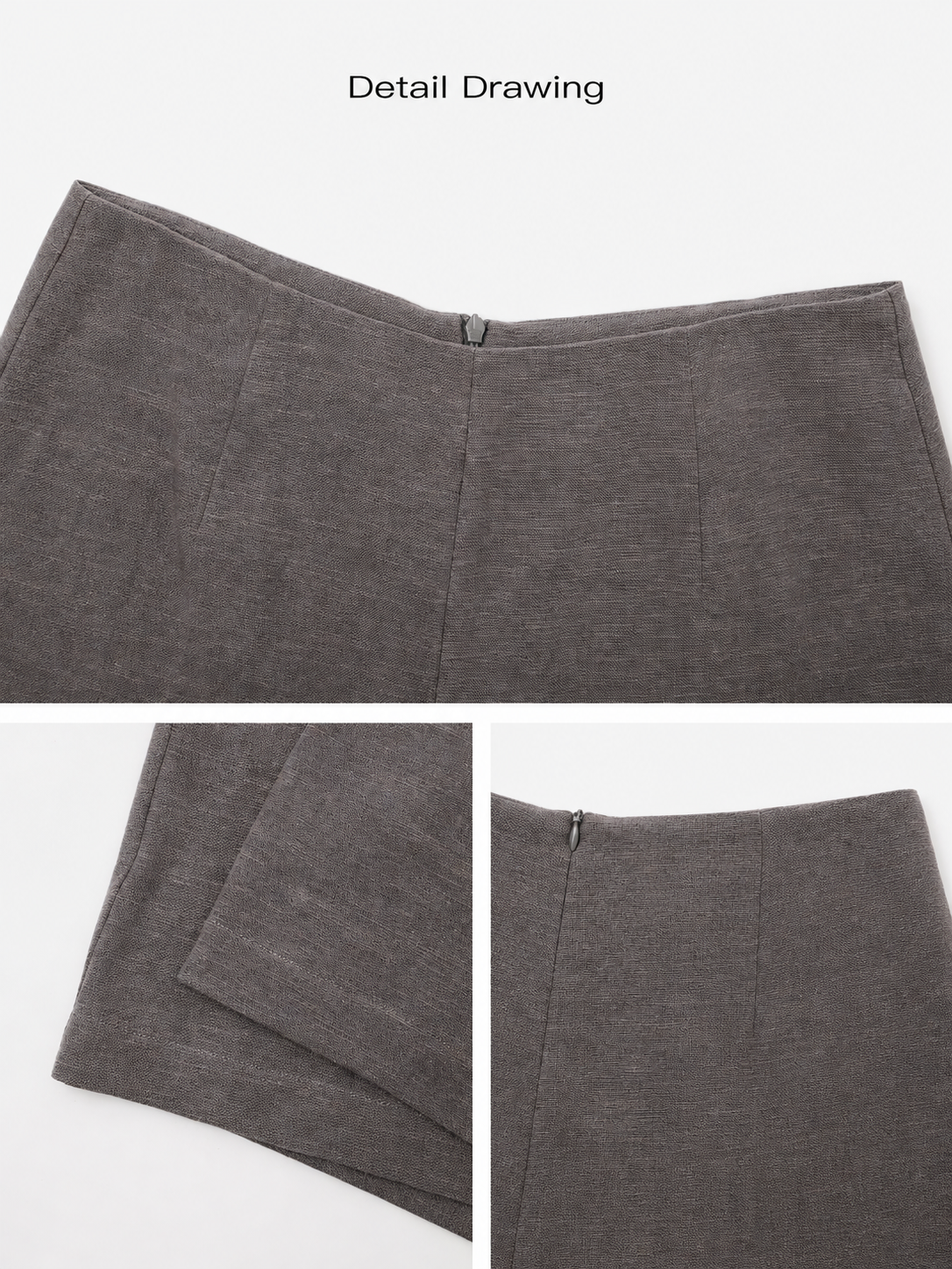 Product detail collage showing taupe shorts zipper, seams and fabric texture