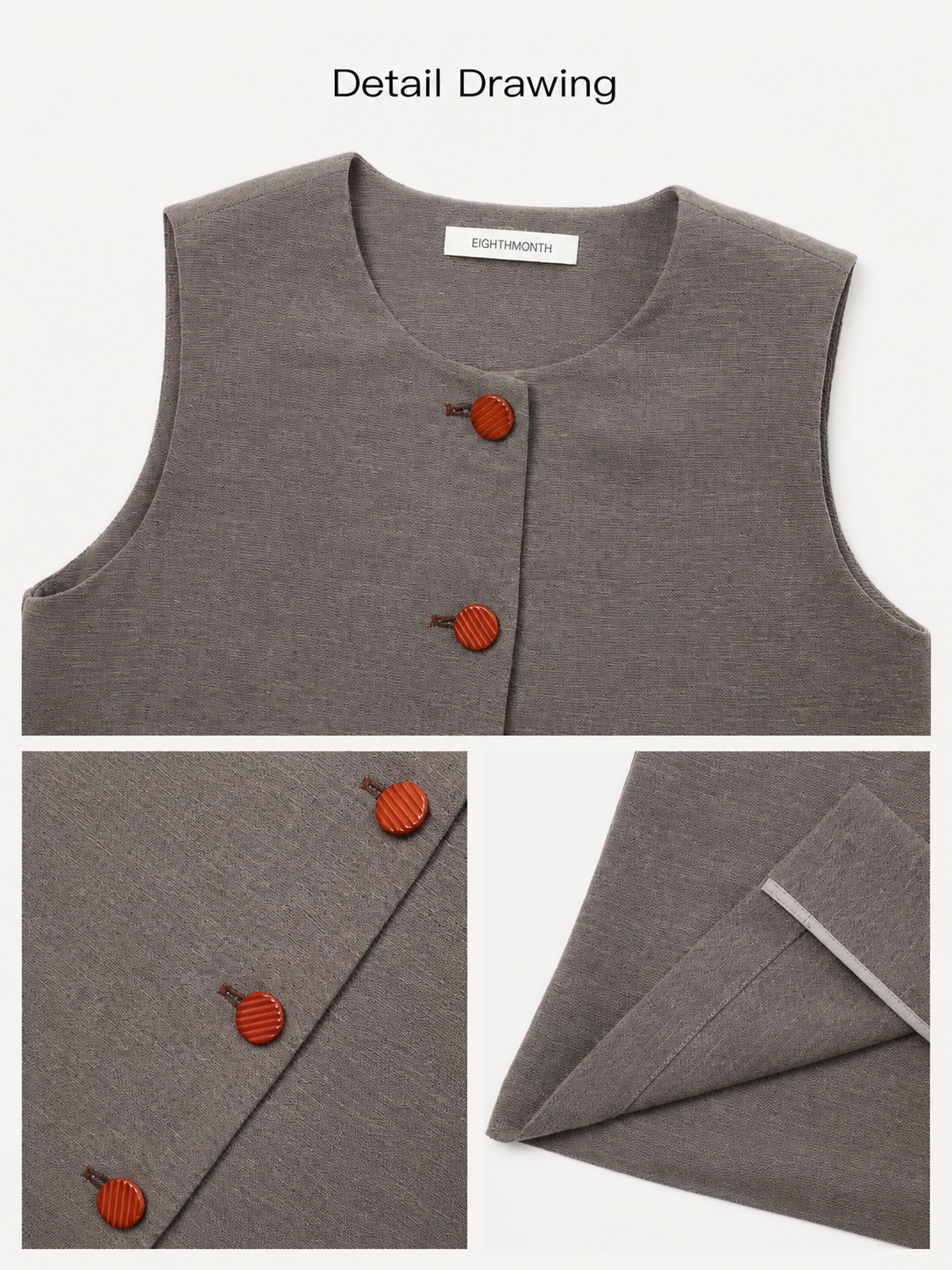 Product detail collage showing taupe sleeveless vest buttons, fabric and hem finishing