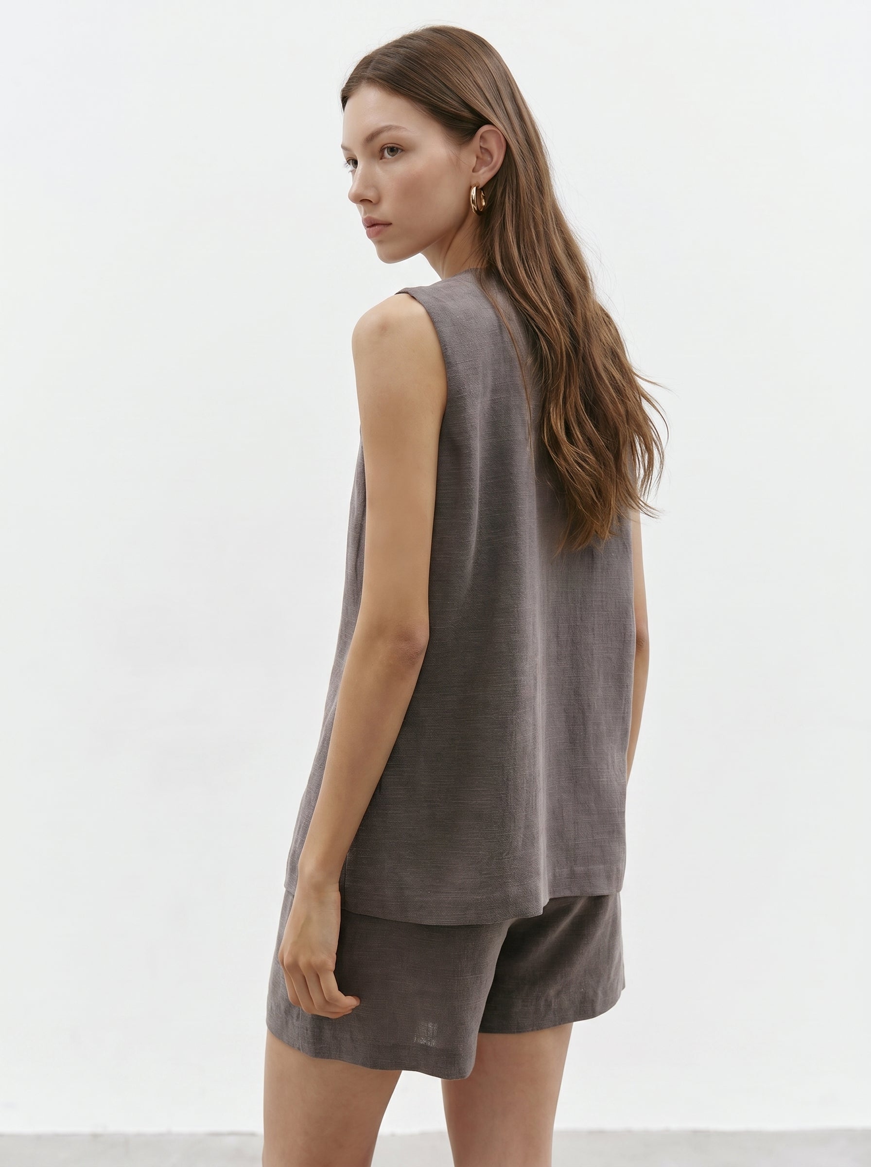 Taupe sleeveless vest and shorts set back view