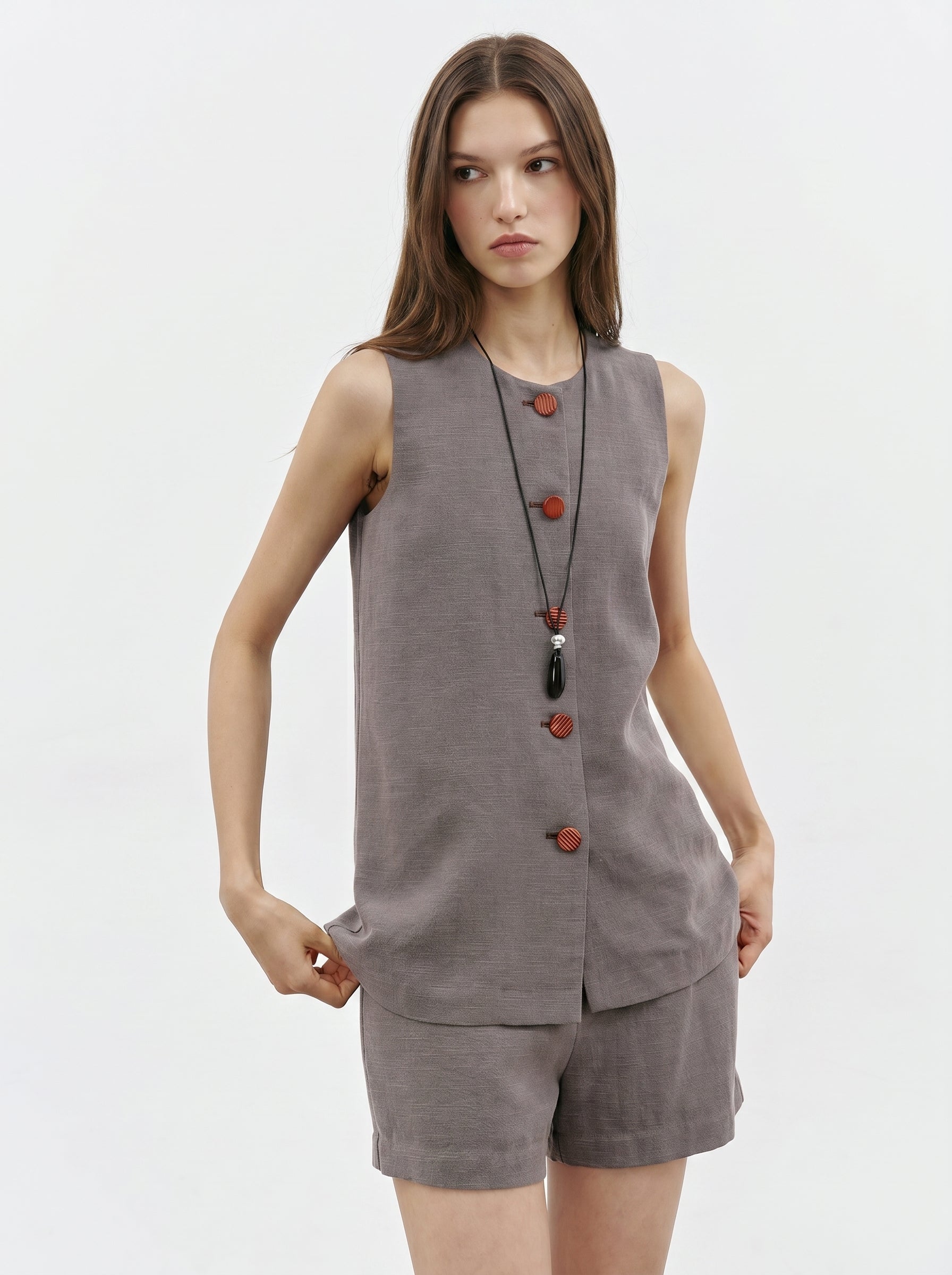 Taupe sleeveless vest and shorts set front view
