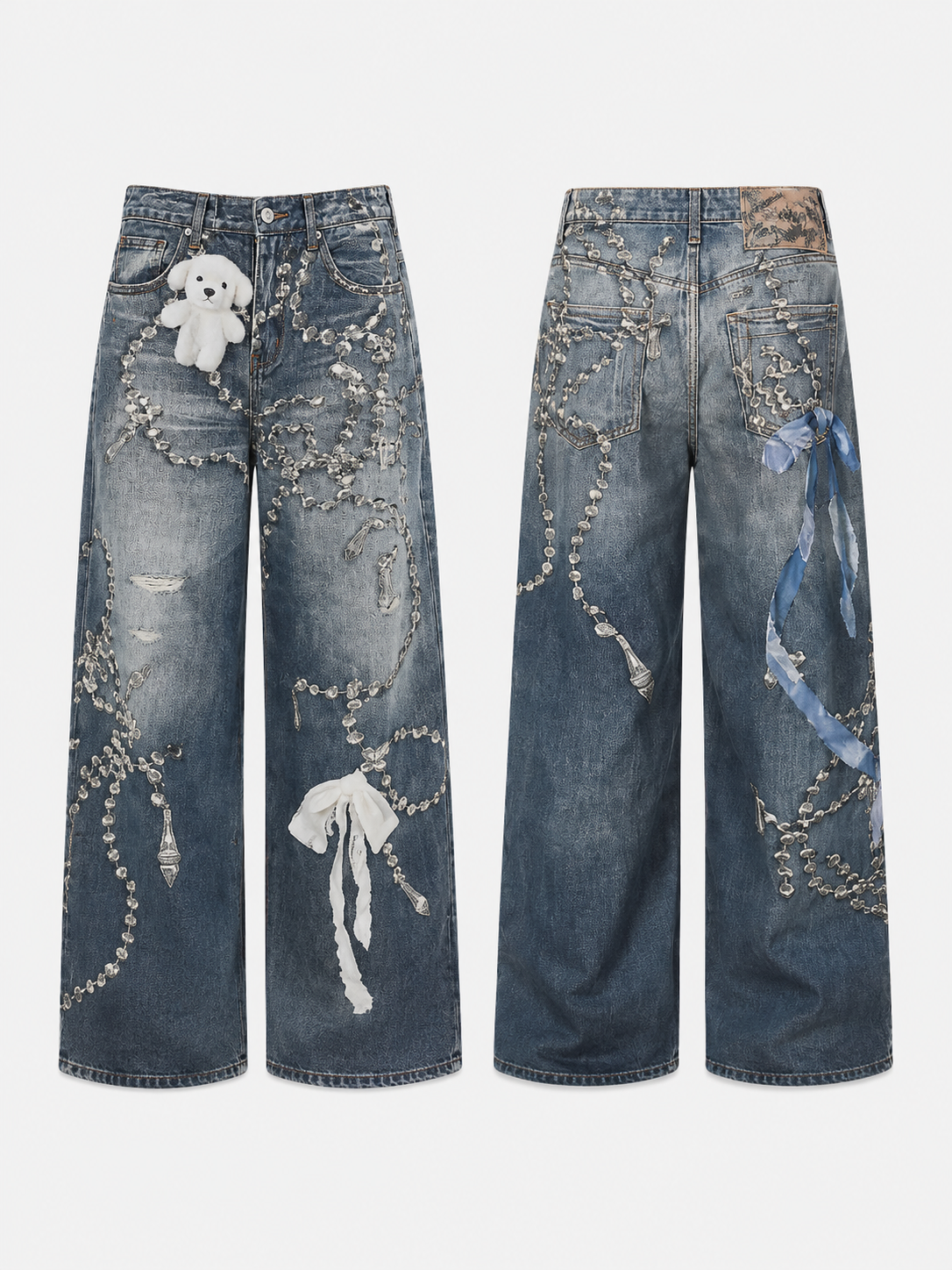 Flat lay front and back view of washed blue chain graphic wide-leg jeans