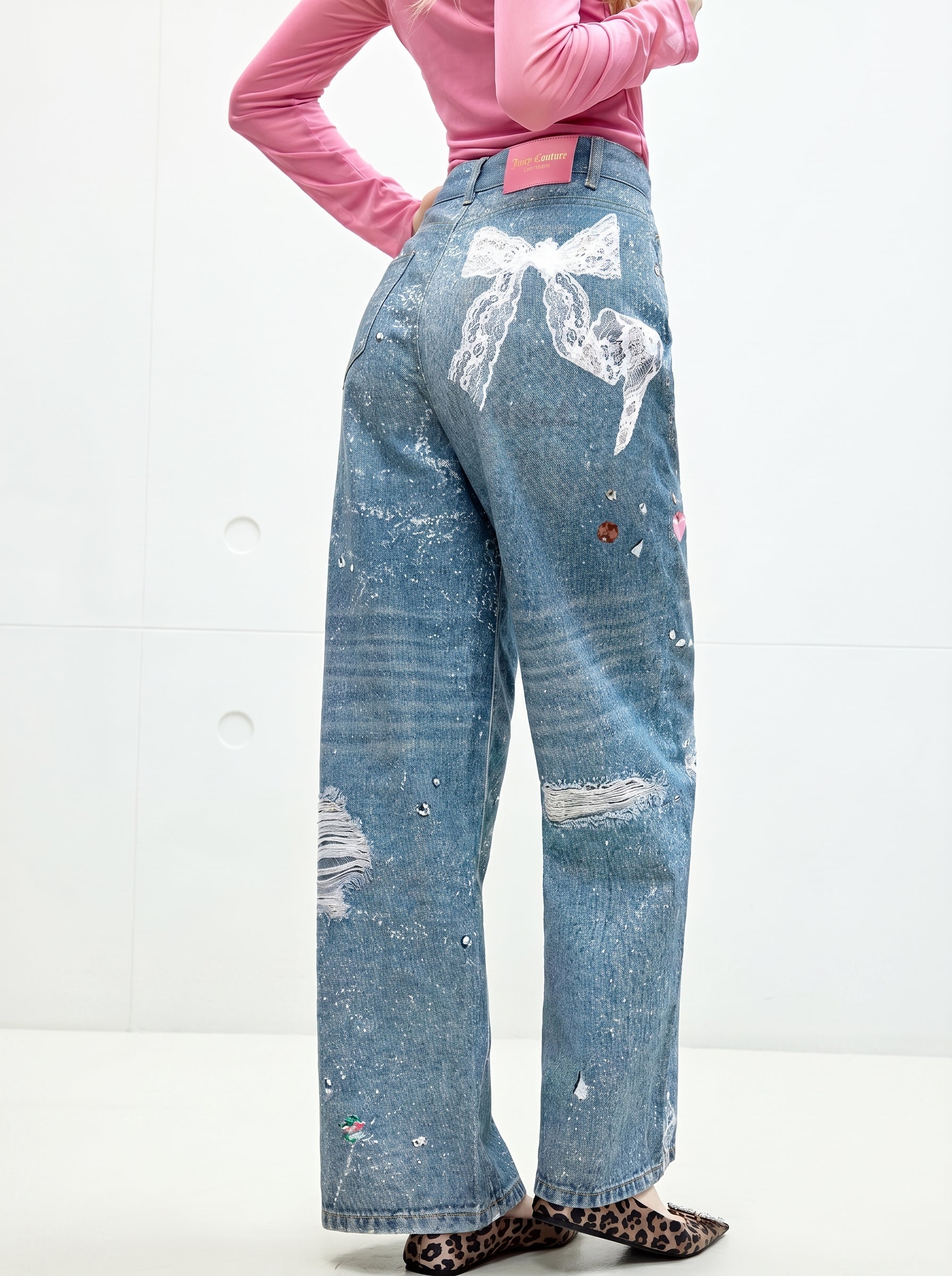 Back view of Washed Blue Graphic Print Wide Leg Jeans
