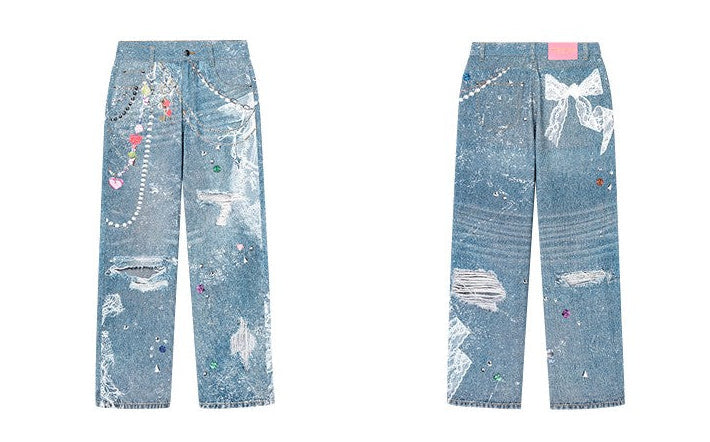 Flat lay front and back view of Washed Blue Graphic Print Wide Leg Jeans