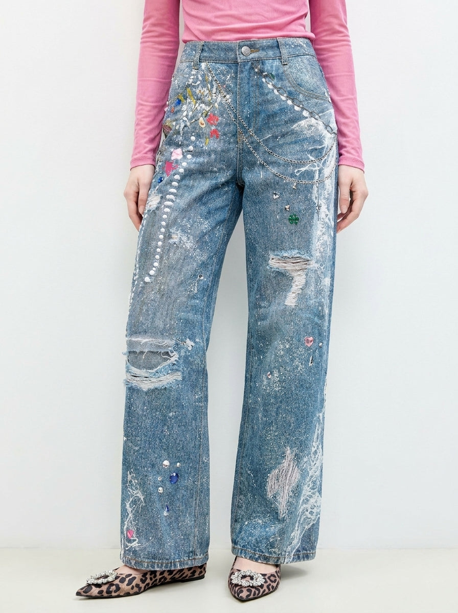Front detail of Washed Blue Graphic Print Wide Leg Jeans