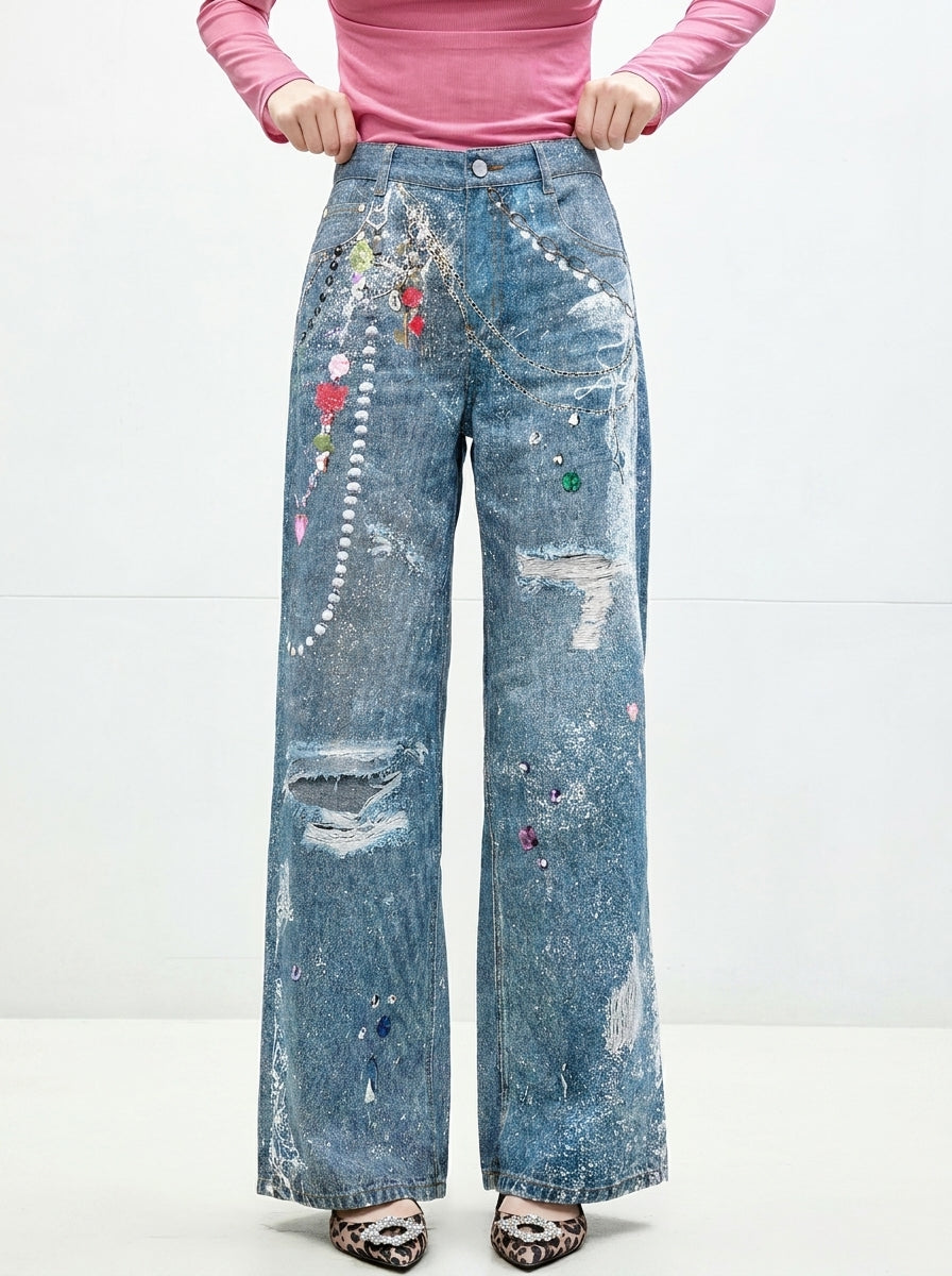 Front view of Washed Blue Graphic Print Wide Leg Jeans